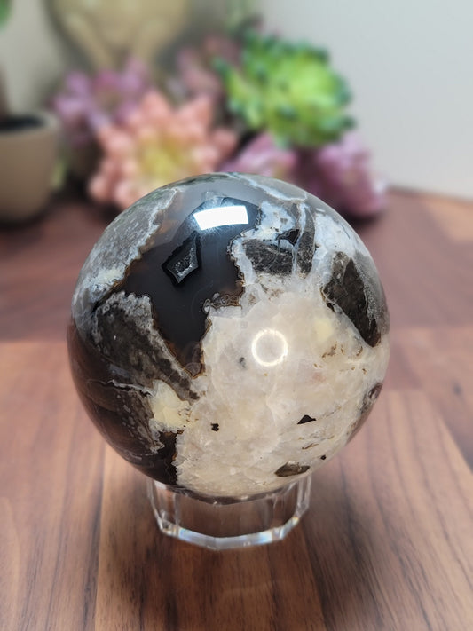 Volcanic Agate Crystal Sphere (85 MM): White, Black, Brown, and Gray