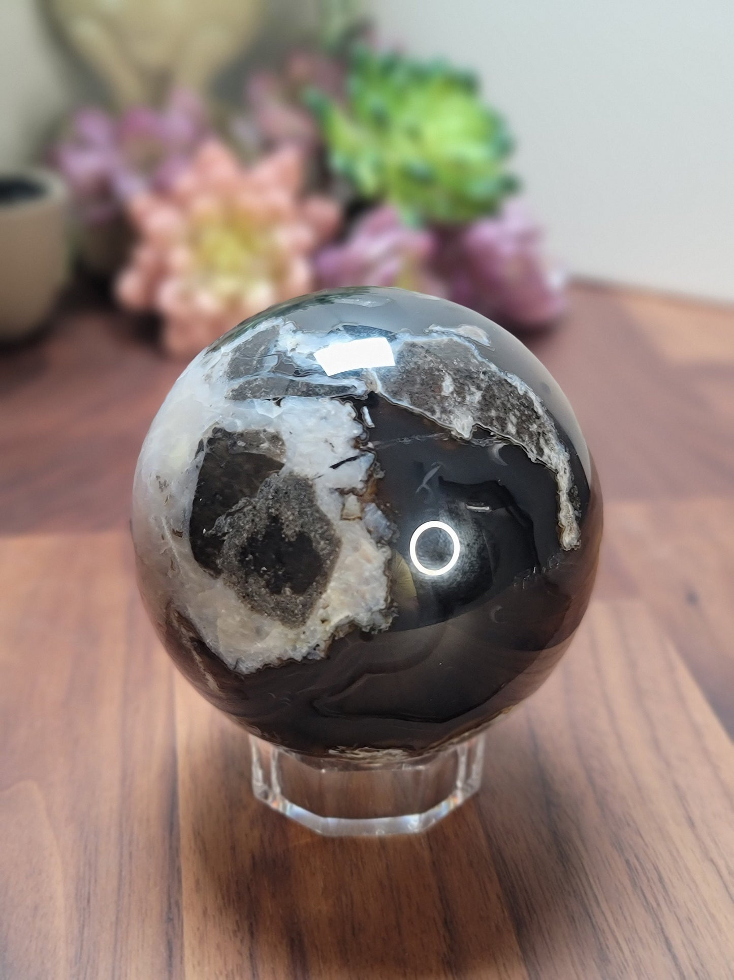 Lovely Large Volcanic Agate Crystal Sphere | C | 85 MM | UV Reactive | White Black Brown and Gray | One of a Kind