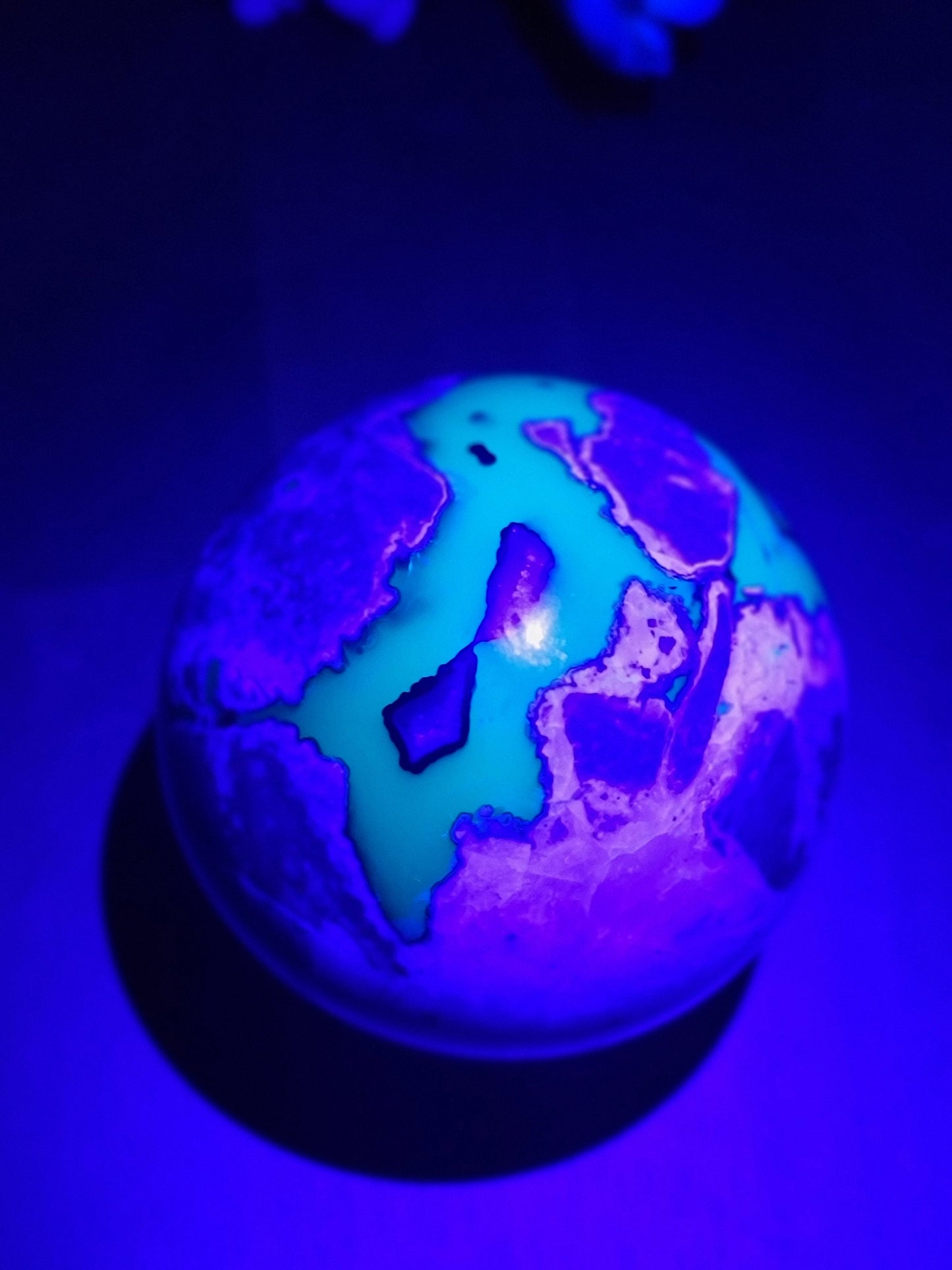 Lovely Large Volcanic Agate Crystal Sphere | C | 85 MM | UV Reactive | White Black Brown and Gray | One of a Kind