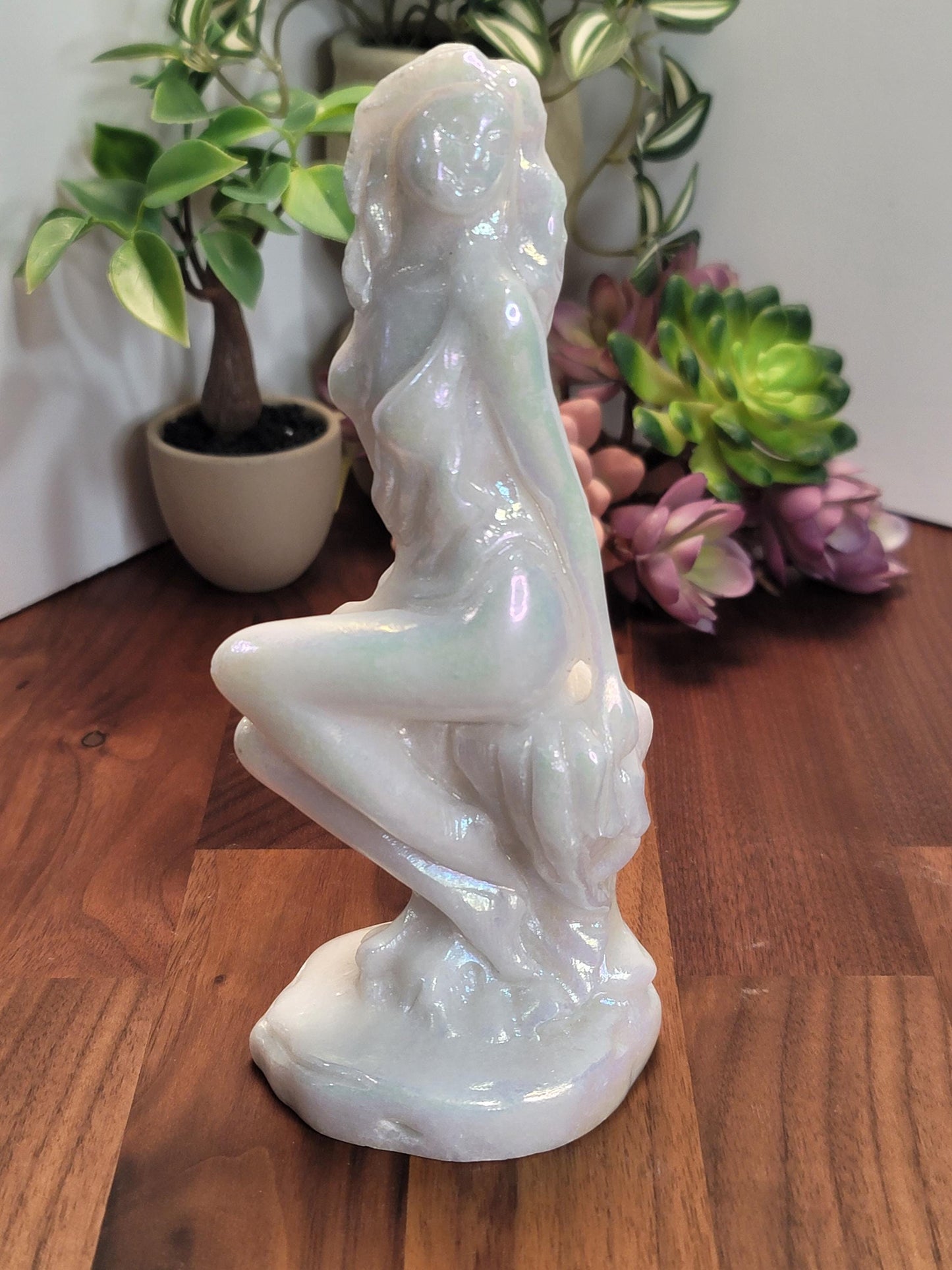 Aura Coated Quartz Sitting Lady Crystal Carving Statue | A | 7.5 Inches | White and Rainbow | One of a Kind