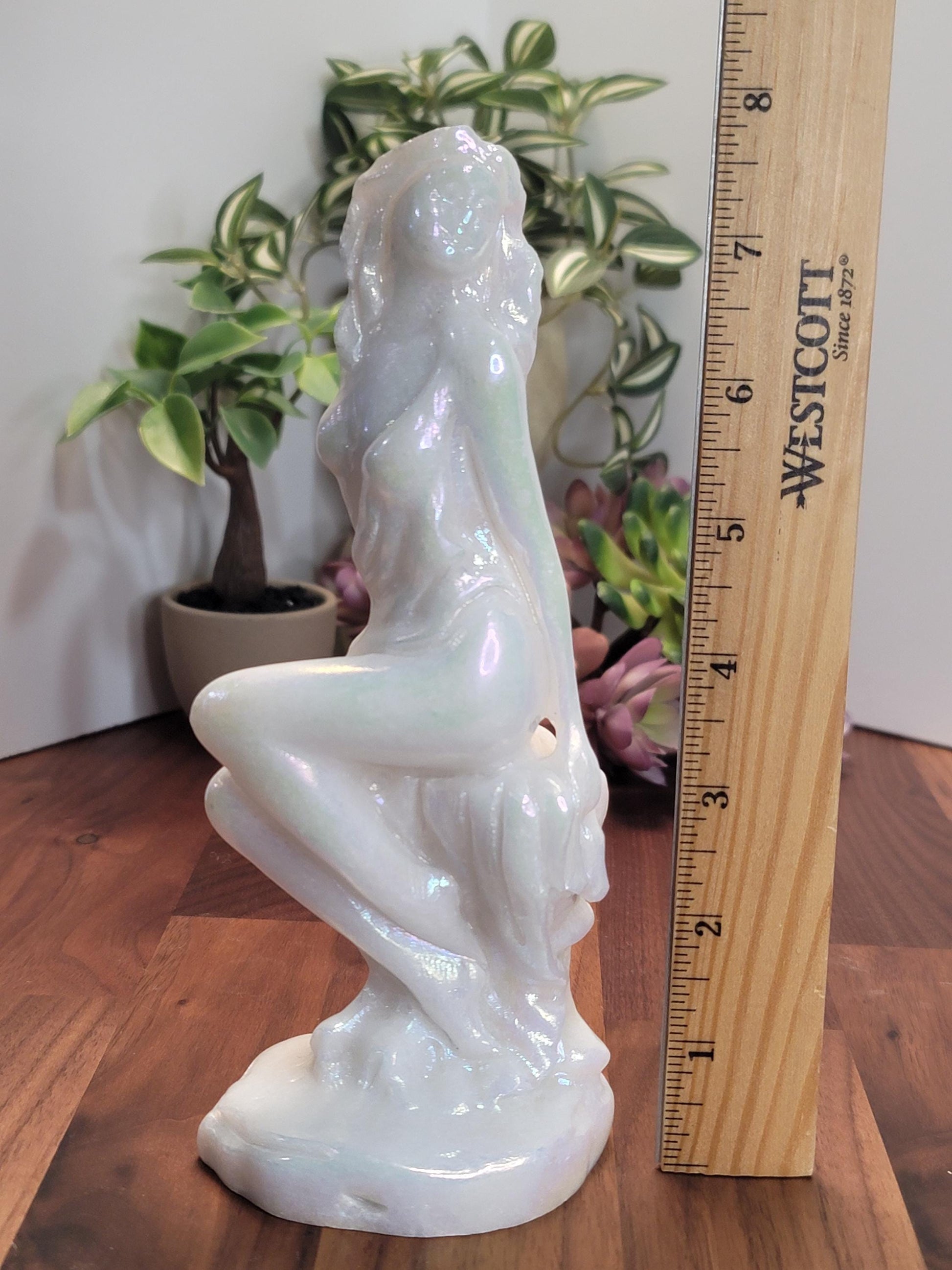 Aura Coated Quartz Sitting Lady Crystal Carving Statue | A | 7.5 Inches | White and Rainbow | One of a Kind