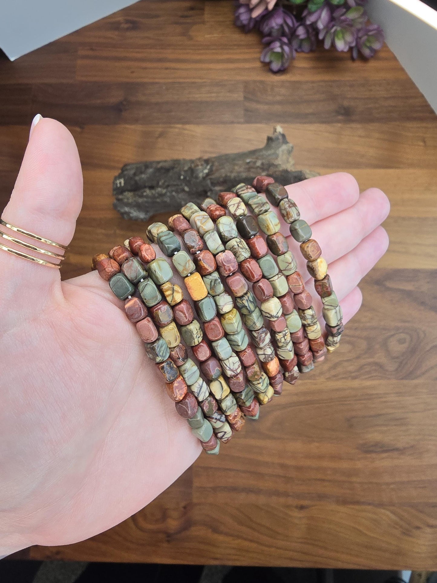 Red Picasso Jasper | 5-8MM Crystal Nugget Bracelet | Fall Leaf Colors Green, Red, Yellow | Autumn Harvet Crystal Confetti Add On | Intuitive