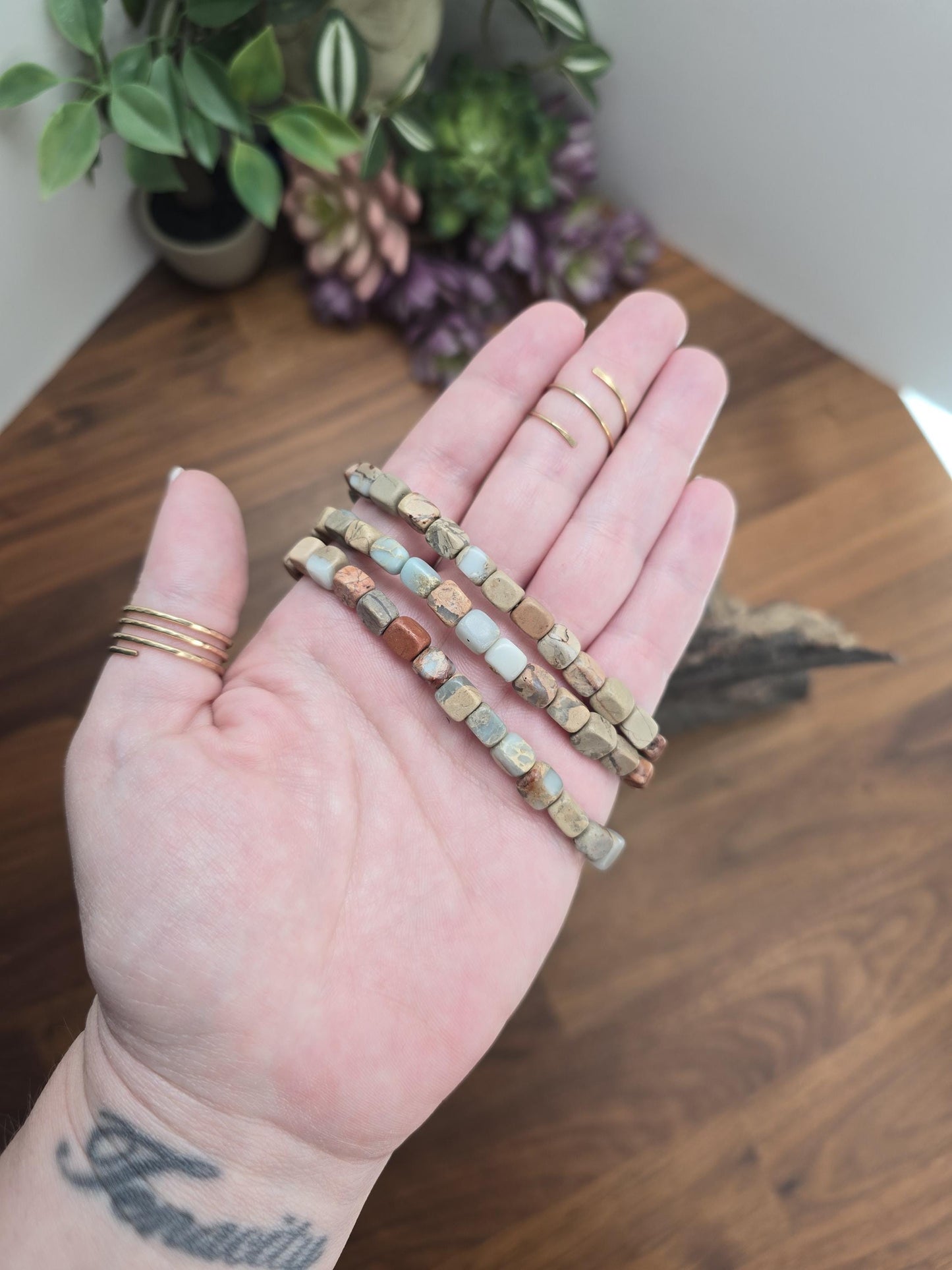 Aqua Terra Jasper Bracelet: Nugget Style 5-8mm Beads | Arizona Serpentine | Seen in Sedona Sunrise Crystal Confetti