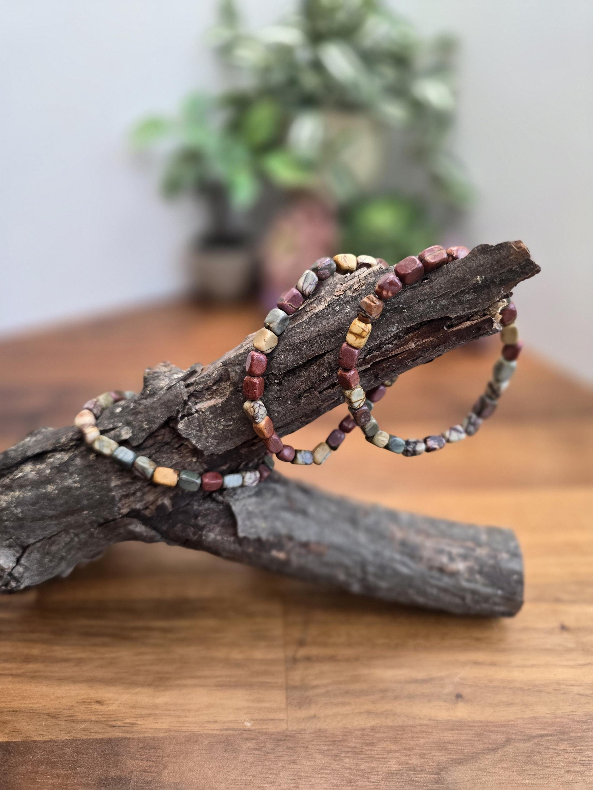 Red Picasso Jasper Crystal Bracelet with 5mm-8mm Nugget Style natural crystal beads in red, green, yellow, sage, creme, and blue beads. Perfect for any granola girl gift or Autumn Leaf style outfits.