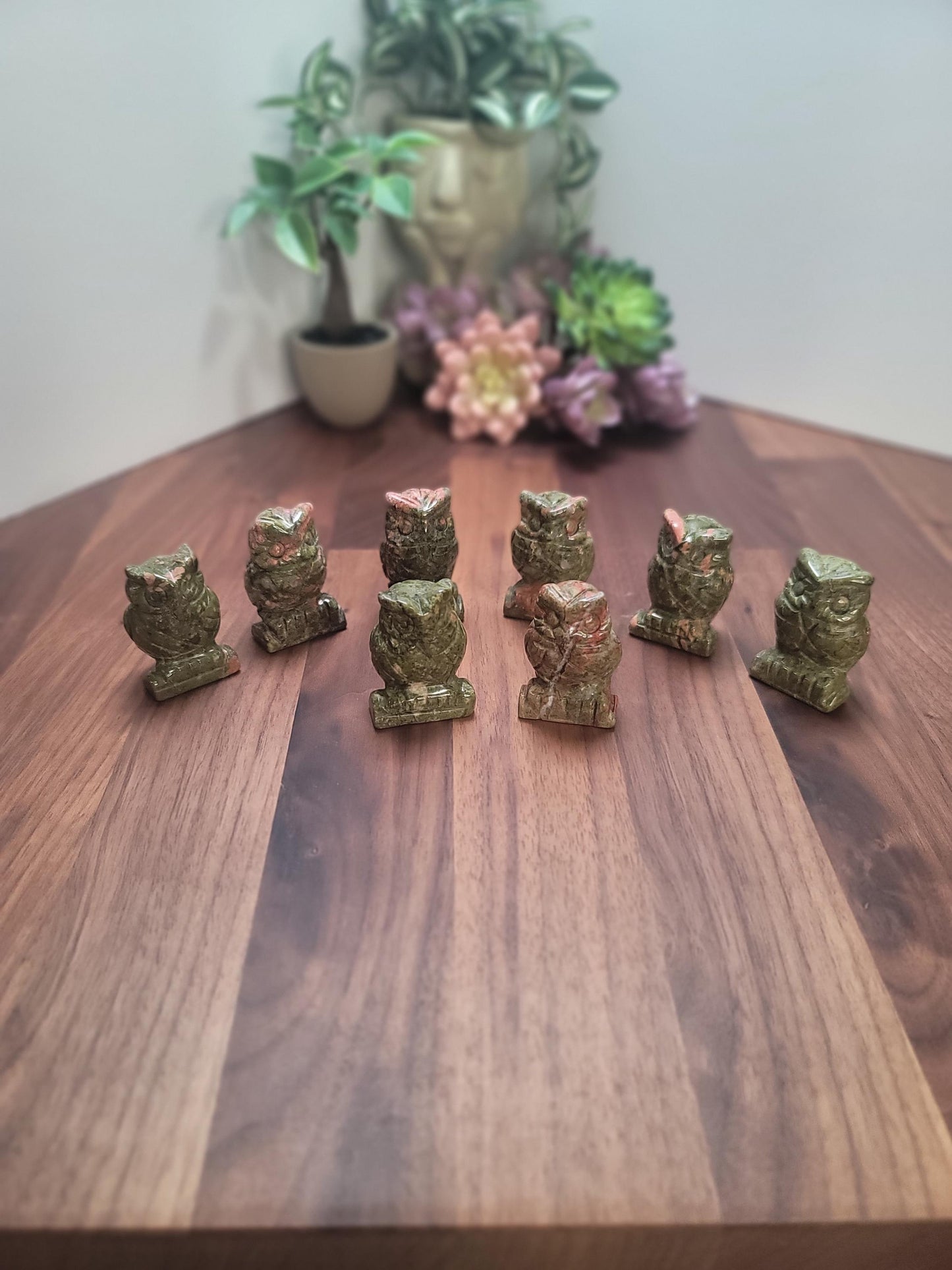 Unique Unakite Owl Crystal Carving | 1.75 Inches | Green White and Pink | Intuitively Chosen