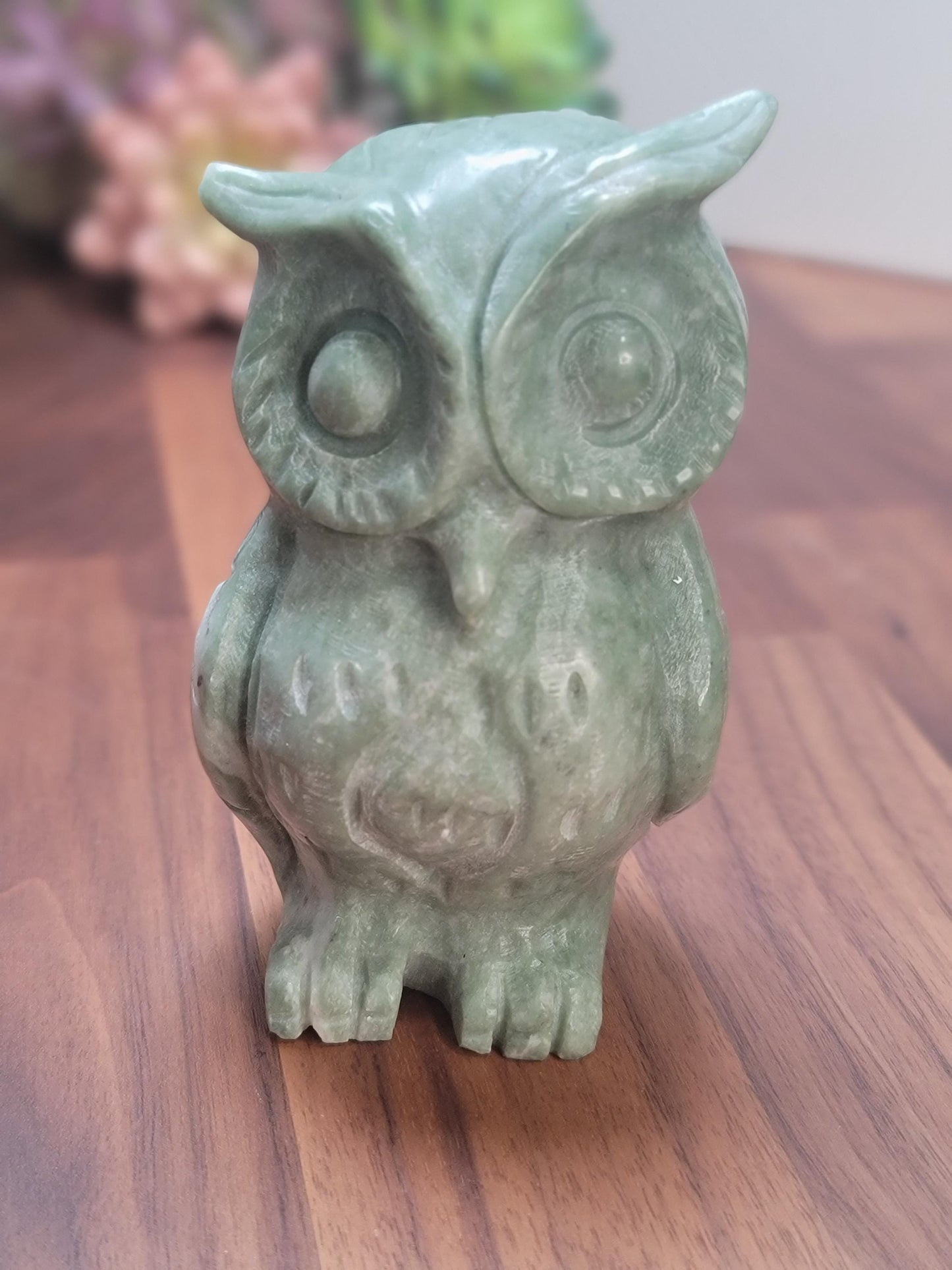 Green Jade Crystal Owl | Courtney | 4" | Large Carving in Sage Green & White Patterns | Wise Old Barn Owl | Green Kids Room Decor