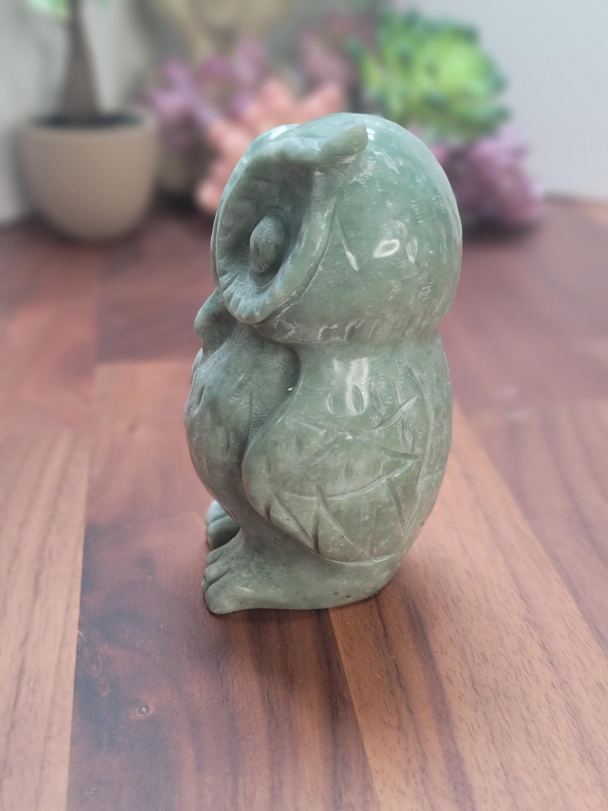 Green Jade Crystal Owl | Courtney | 4" | Large Carving in Sage Green & White Patterns | Wise Old Barn Owl | Green Kids Room Decor