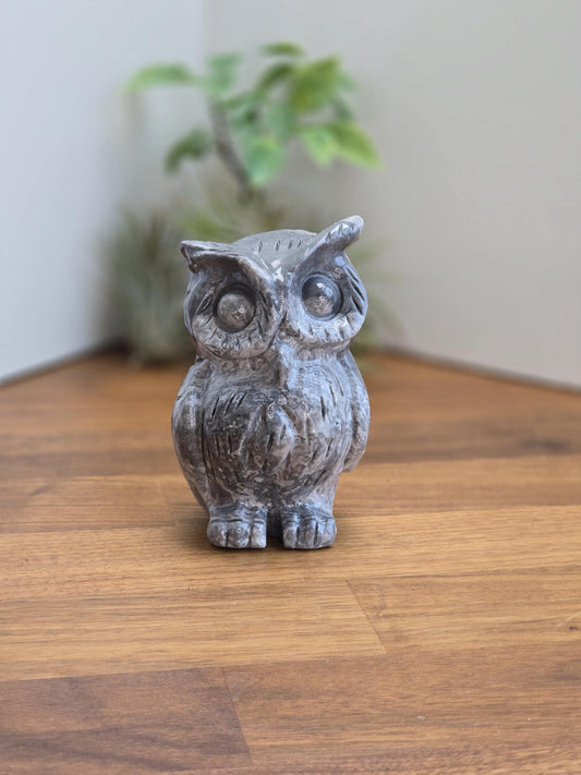 Pretty Picasso Jasper Owl Crystal Carving | A | 4 Inches | White Gray and Black | One of a Kind