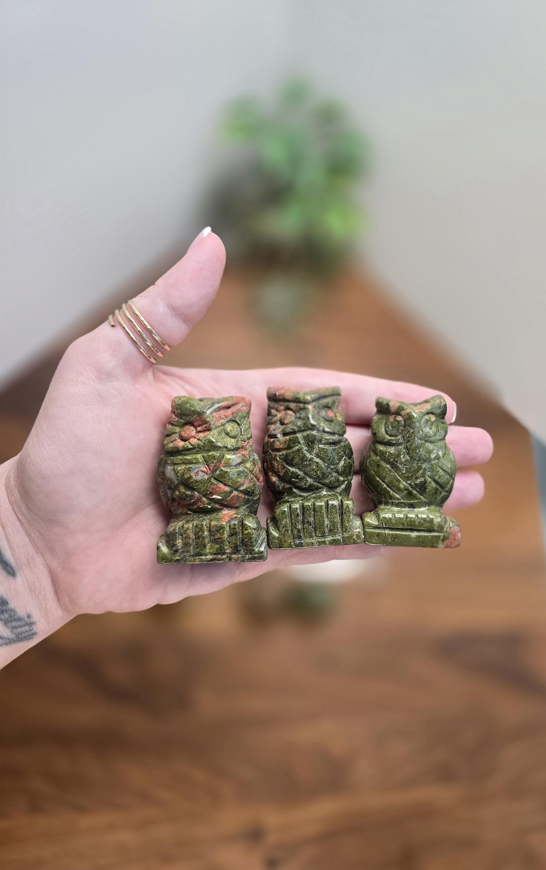 Unique Unakite Owl Crystal Carving | 1.75 Inches | Green White and Pink | Intuitively Chosen