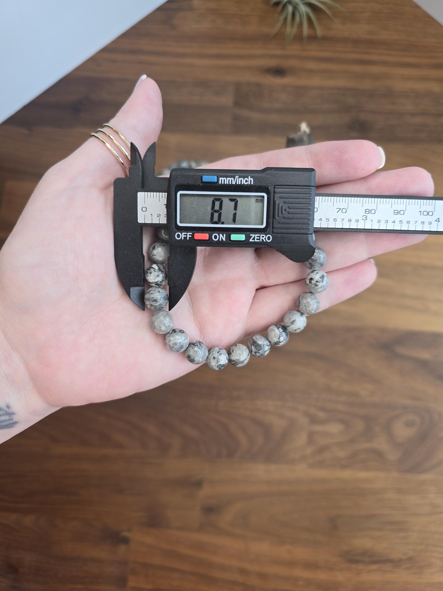 Gray Picasso Jasper | 8MM Crystal Bracelet | Marbled Black, White & Grey Patterns | Minimalist Natural Beads on Stretch Bracelet | Art Deco