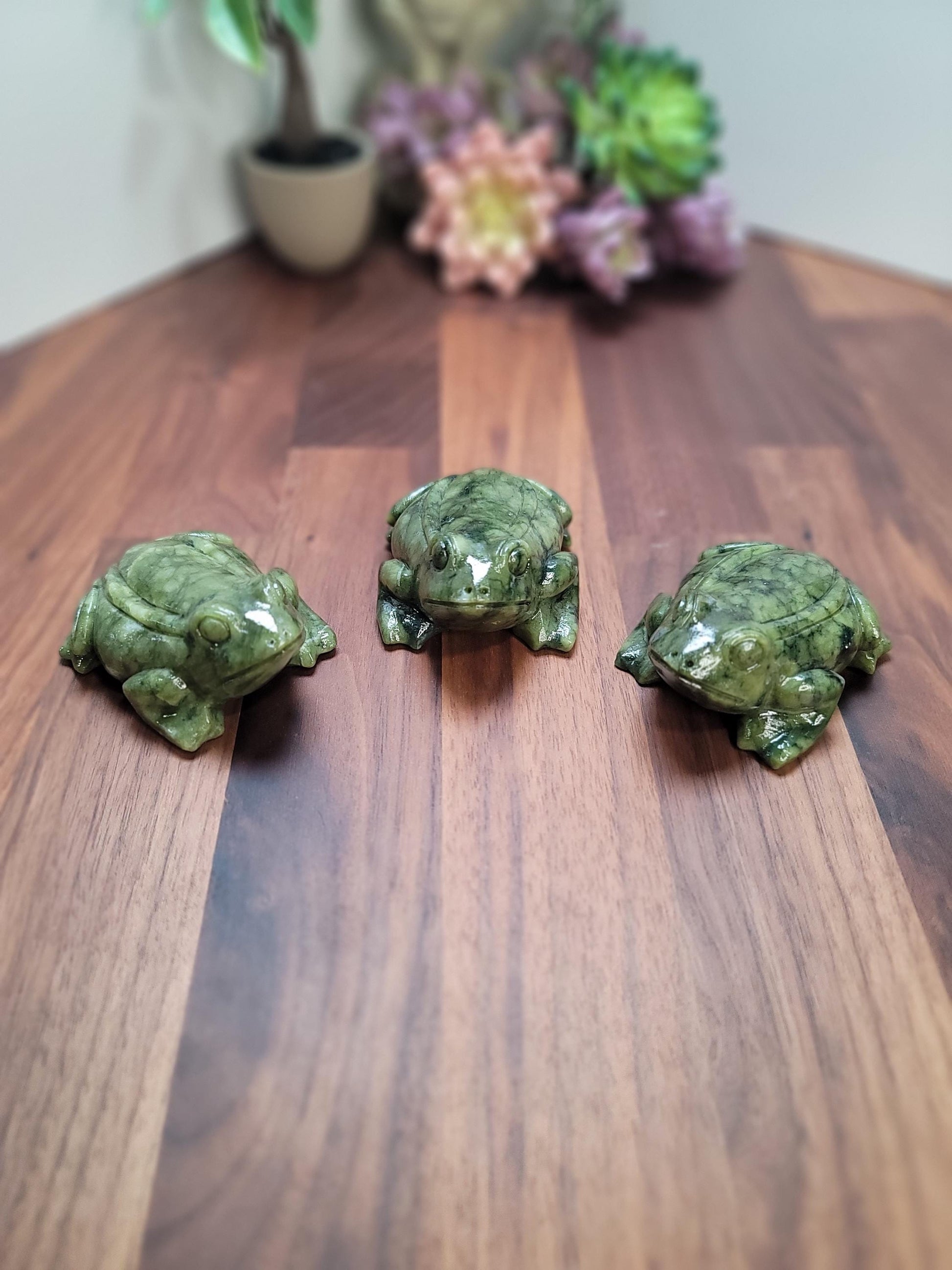 Green Jade Crystal Frog | Rainforest Amphibian Carving | 3 Inches | Deep Hunter and Sage Patterns | Toad Cottagecore | Intuitively Chosen