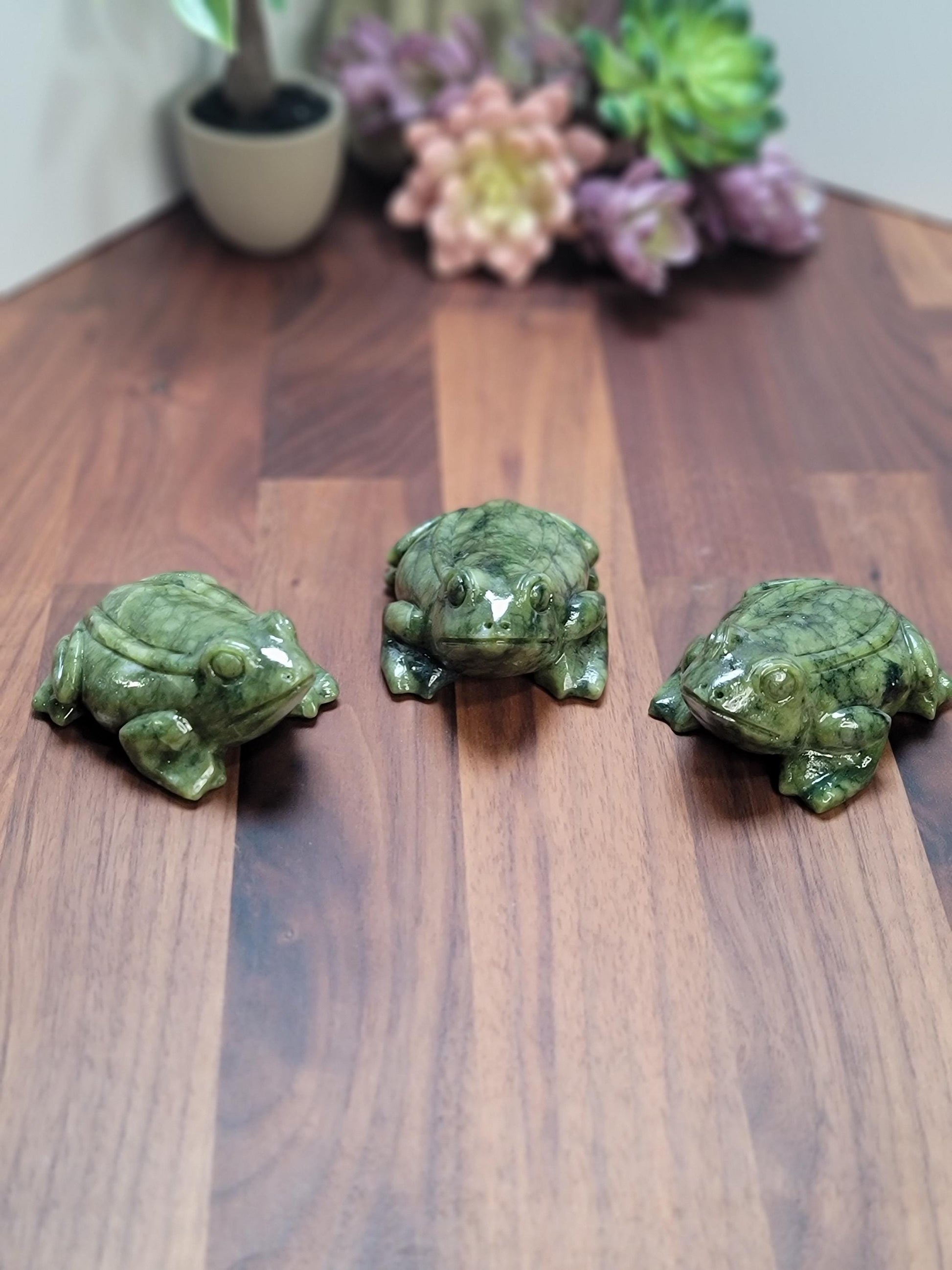 Green Jade Crystal Frog | Rainforest Amphibian Carving | 3 Inches | Deep Hunter and Sage Patterns | Toad Cottagecore | Intuitively Chosen
