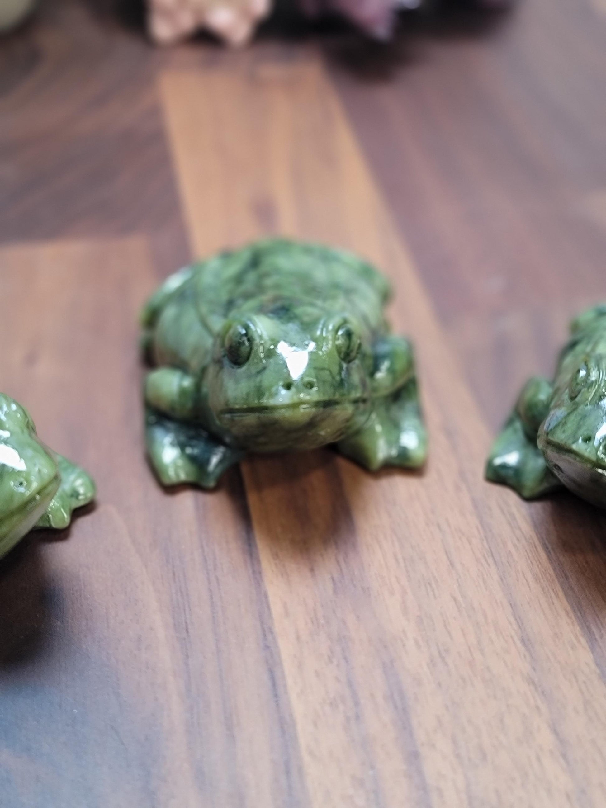 Green Jade Crystal Frog | Rainforest Amphibian Carving | 3 Inches | Deep Hunter and Sage Patterns | Toad Cottagecore | Intuitively Chosen