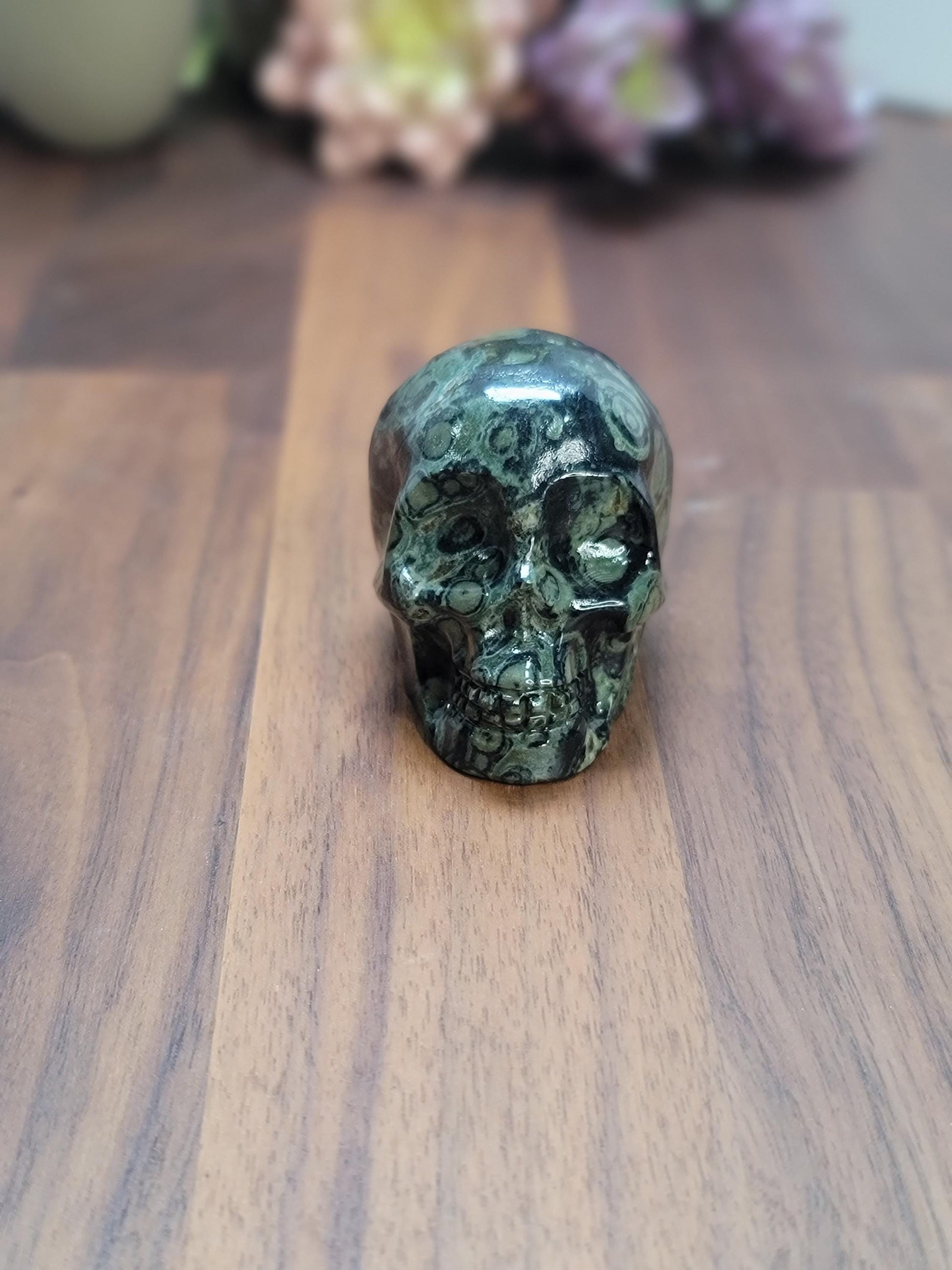 Kambaba Jasper Skull | 2.5" Antony Crystal Carving | Spooky Season & Summerween Decor | Green and Black Orbicular Patterns for Green Lovers