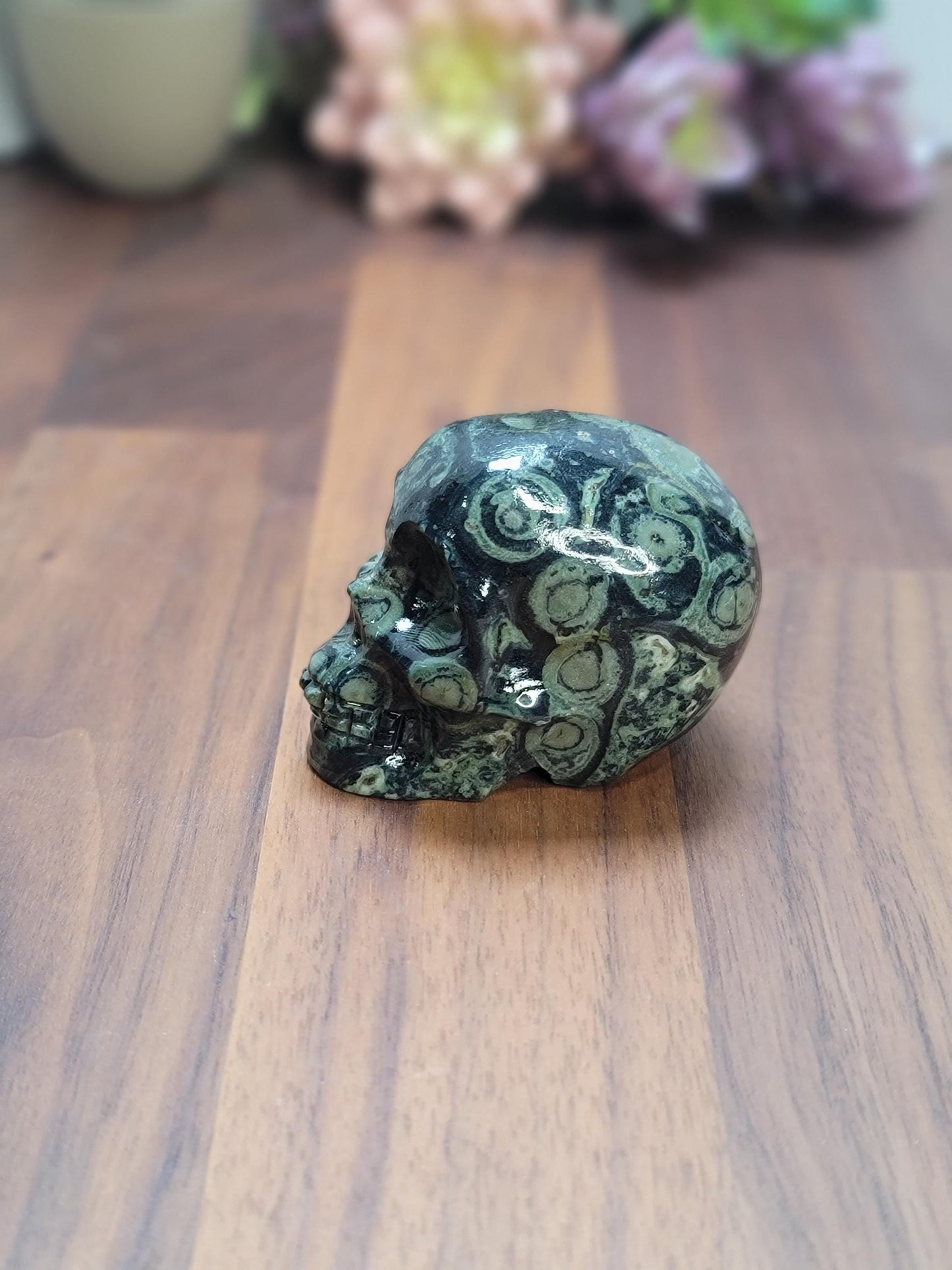 Kambaba Jasper Skull | 2.5" Antony Crystal Carving | Spooky Season & Summerween Decor | Green and Black Orbicular Patterns for Green Lovers