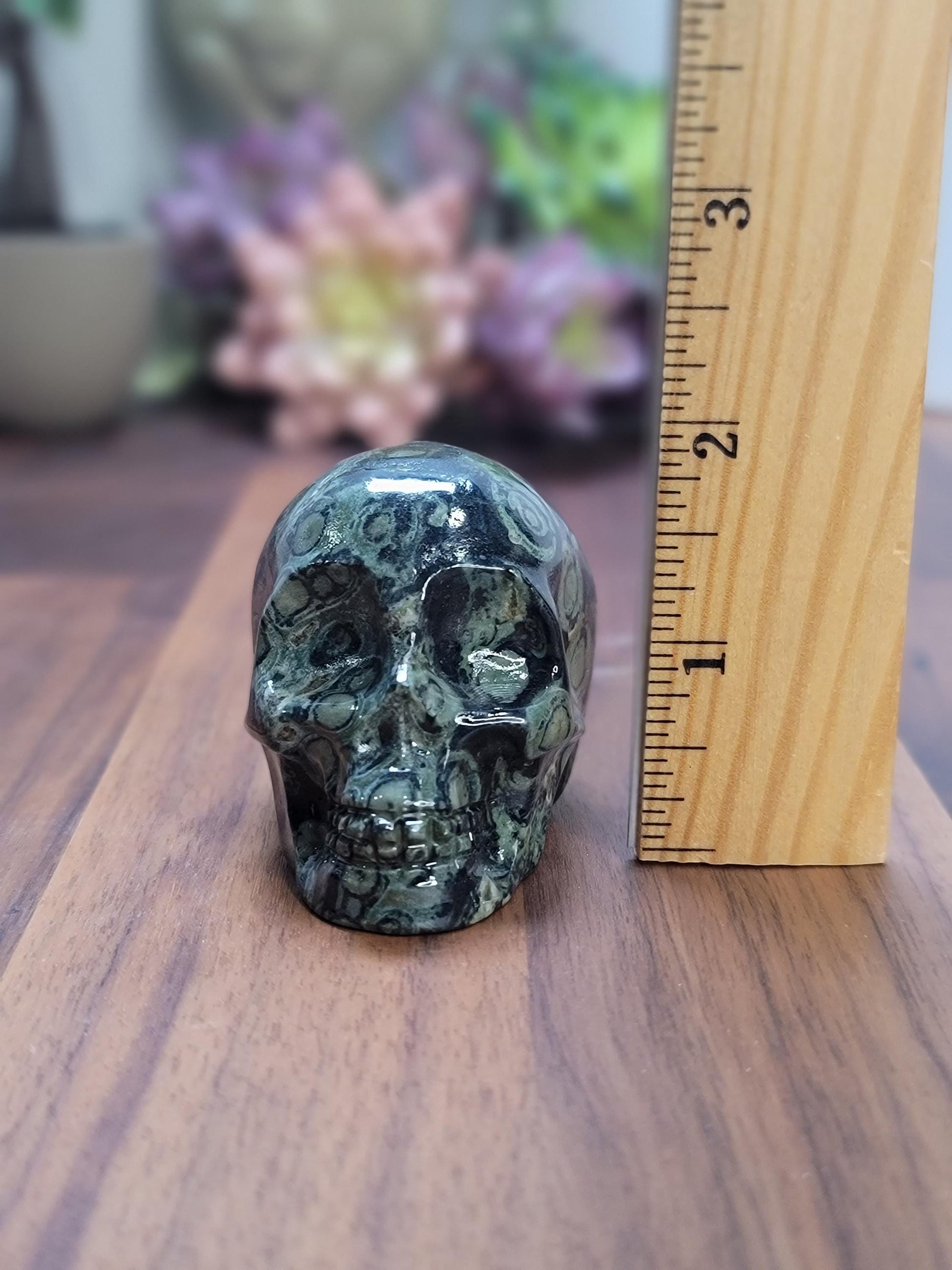 Kambaba Jasper Skull | 2.5" Antony Crystal Carving | Spooky Season & Summerween Decor | Green and Black Orbicular Patterns for Green Lovers