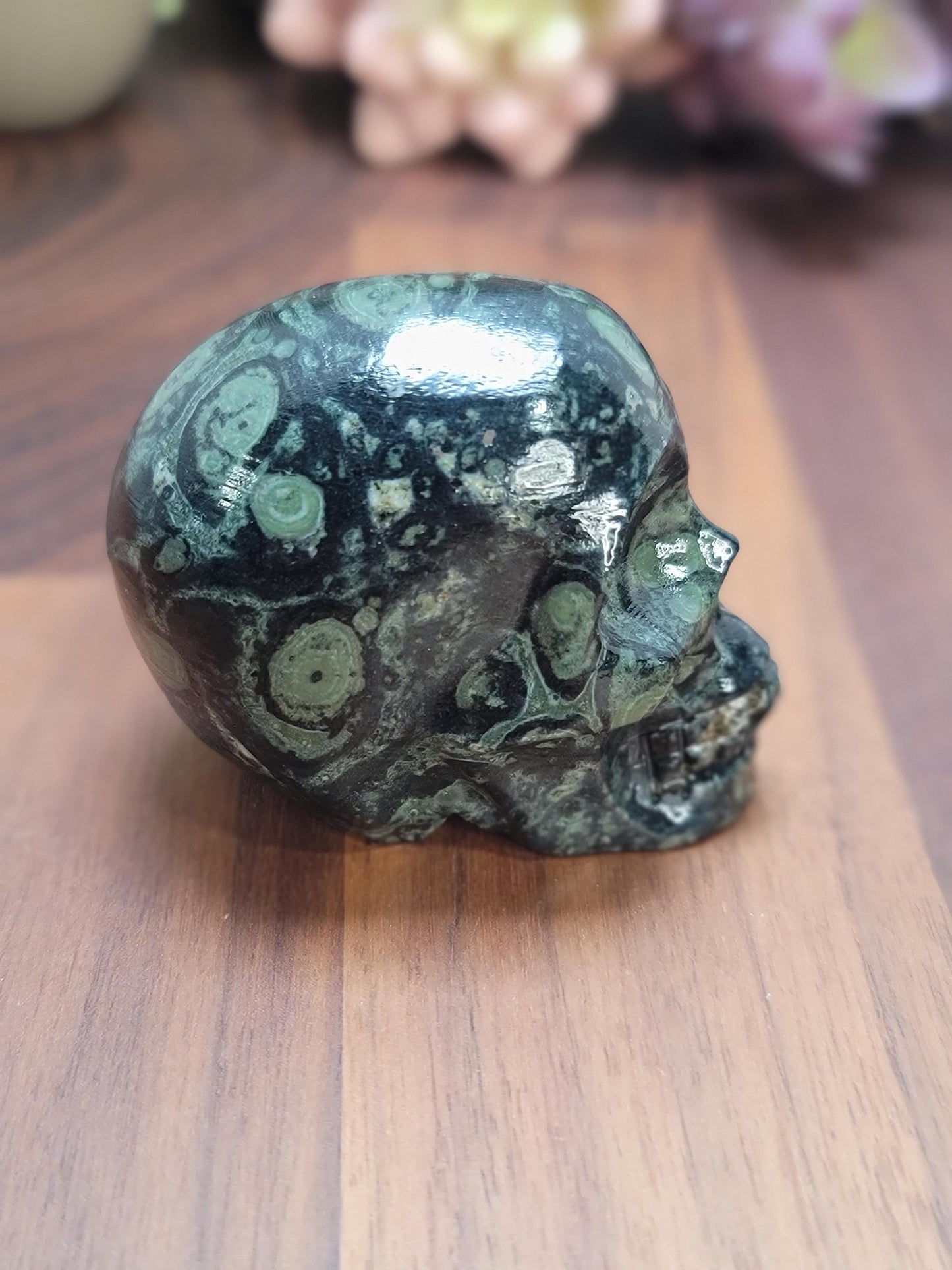 Kambaba Jasper Skull | 2.5" Crystal Carving | Beatrice | Spooky Season and Summerween Decor | Green Witch Vibes | Orbicular Black Patterns