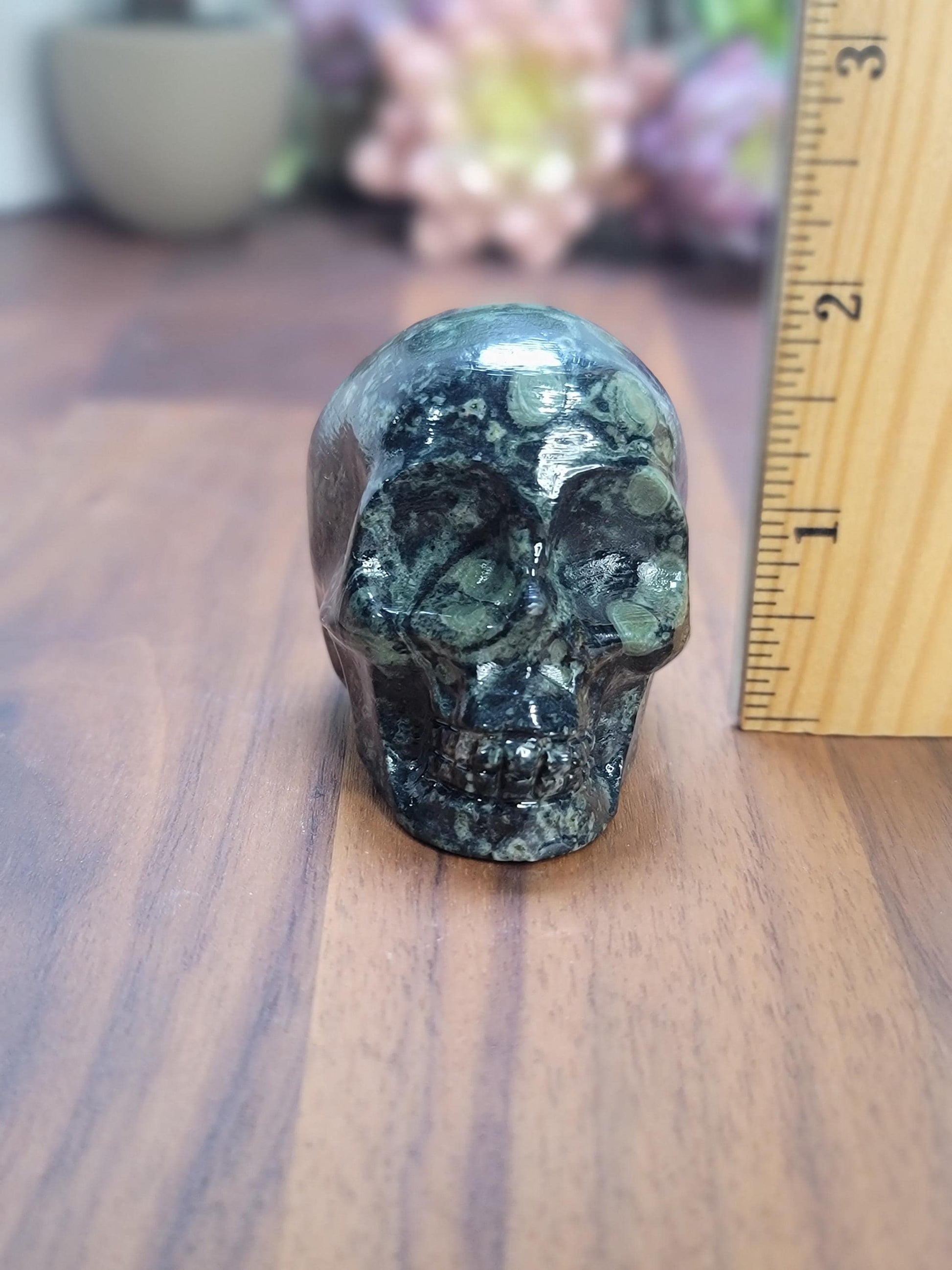 Kambaba Jasper Skull | 2.5" Crystal Carving | Beatrice | Spooky Season and Summerween Decor | Green Witch Vibes | Orbicular Black Patterns