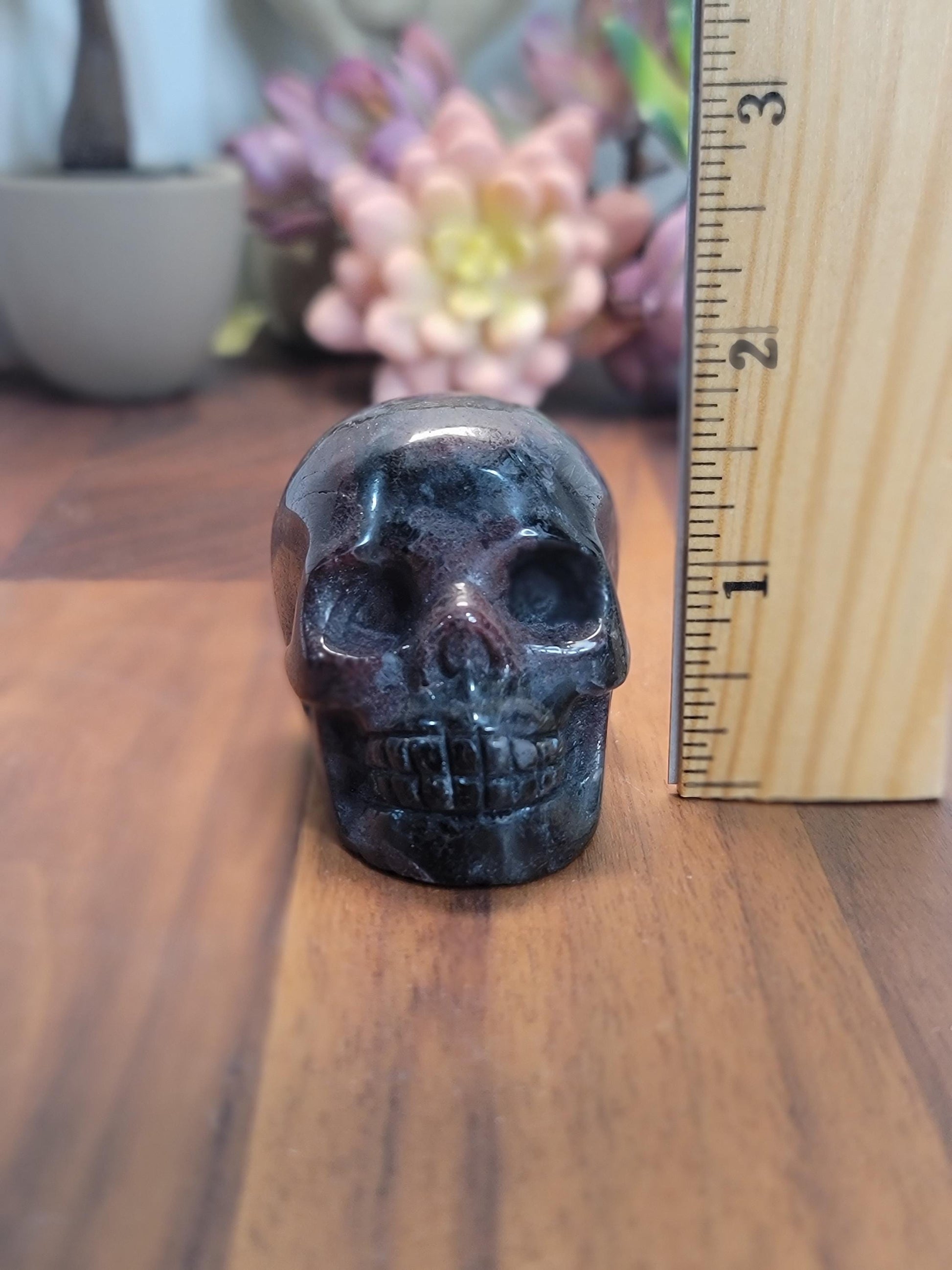 Fireworks Garnet Crystal Skull Carvings | 2" | Deep Crimson Plums | Flashy Black Astrophyllite | Arfvedsonite Stone | Spooky Halloween Decor