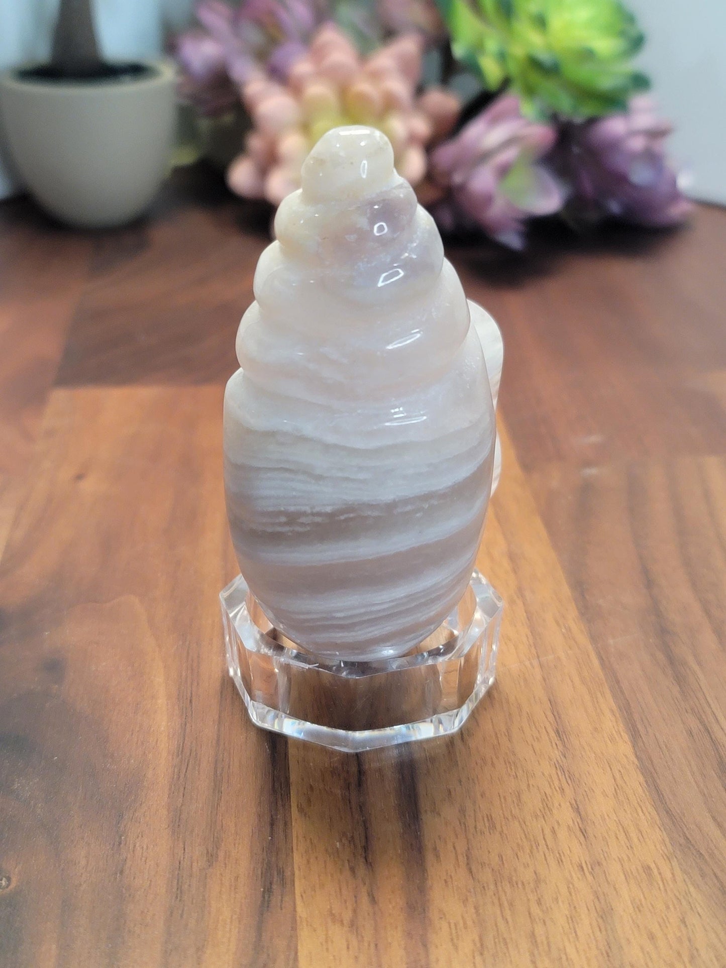 Fluorite Banded Seashell Crystal Carving | A | 3.75 Inches | White Gray and Pink | One of a Kind
