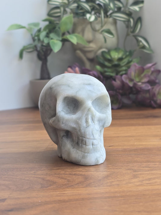 Scary White Jade Crystal Skull | Alfred | Halloween Carving | Green Spooky Season Decor | 3.5 x 2.75 Inches | Rock Carving for Summerween