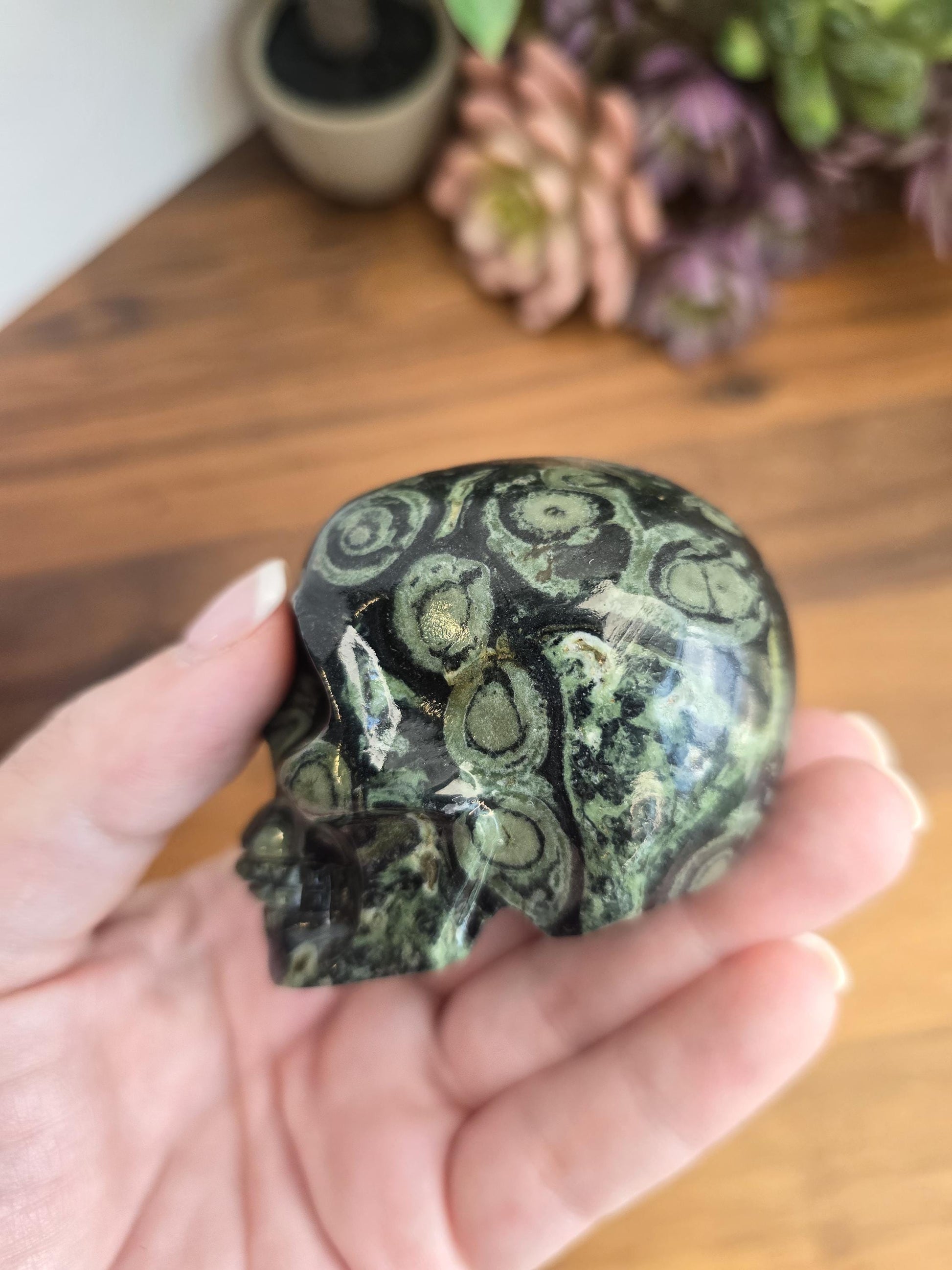 Kambaba Jasper Skull | 2.5" Antony Crystal Carving | Spooky Season & Summerween Decor | Green and Black Orbicular Patterns for Green Lovers