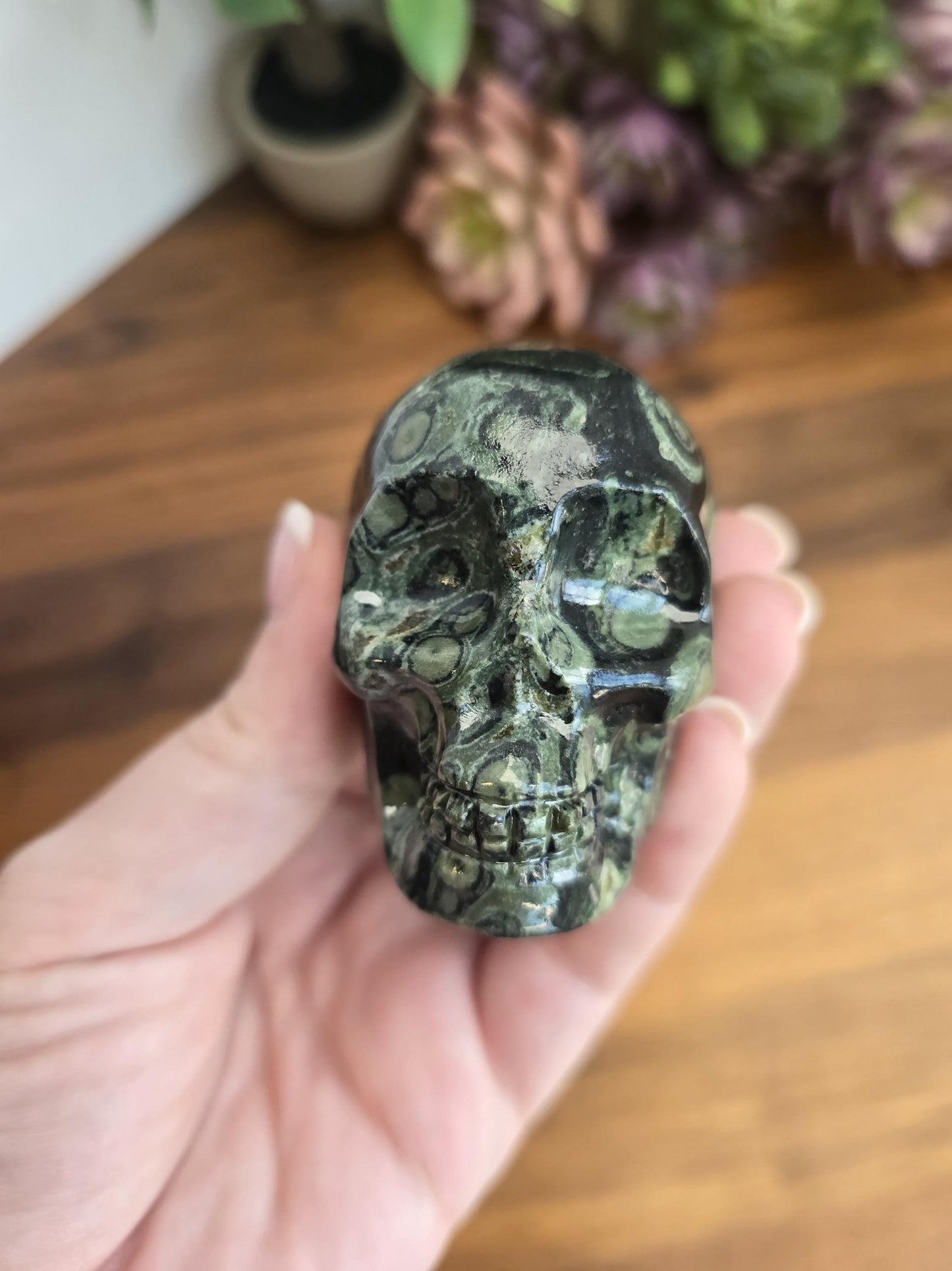 Kambaba Jasper Skull | 2.5" Antony Crystal Carving | Spooky Season & Summerween Decor | Green and Black Orbicular Patterns for Green Lovers