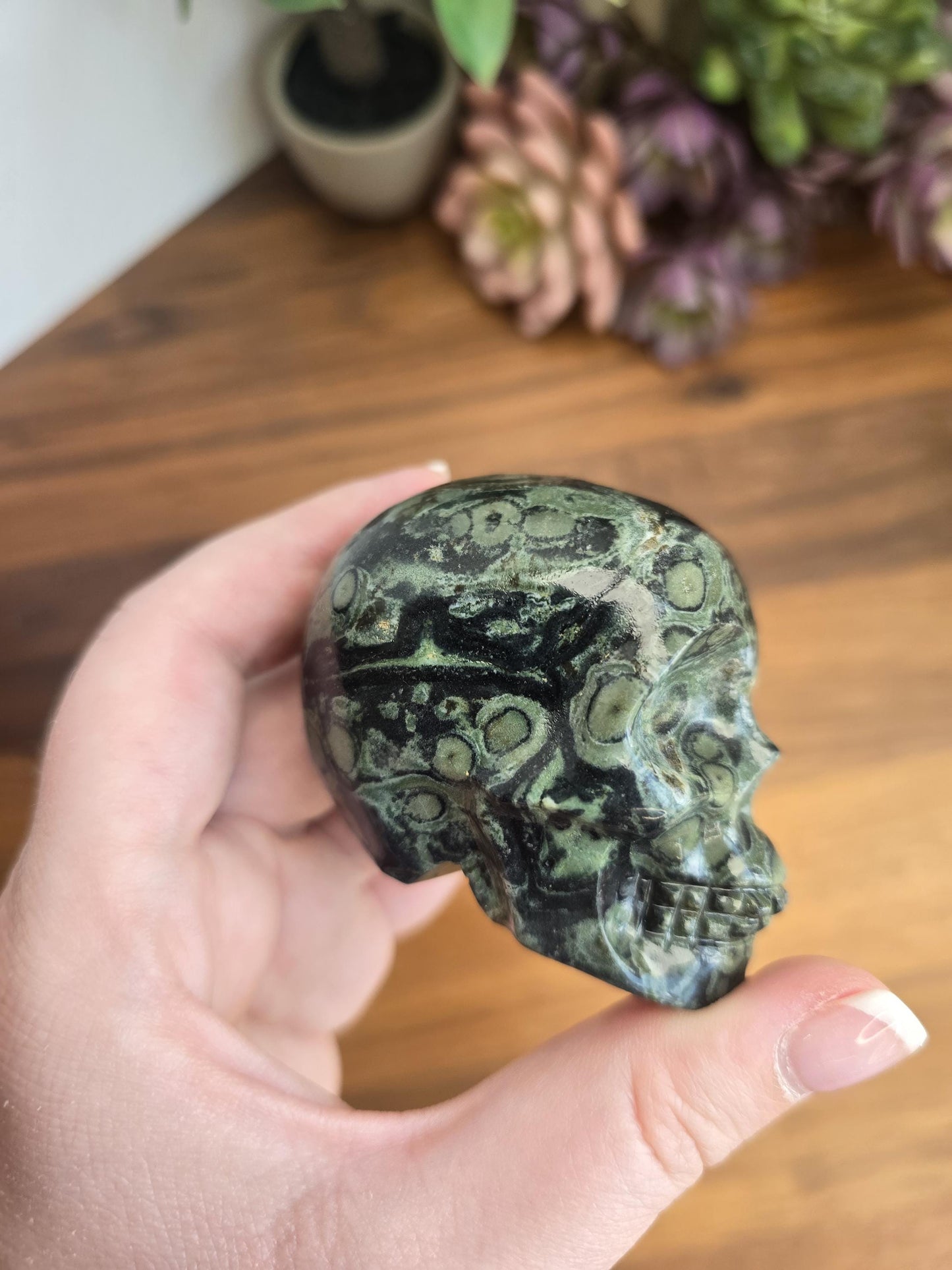 Kambaba Jasper Skull | 2.5" Antony Crystal Carving | Spooky Season & Summerween Decor | Green and Black Orbicular Patterns for Green Lovers