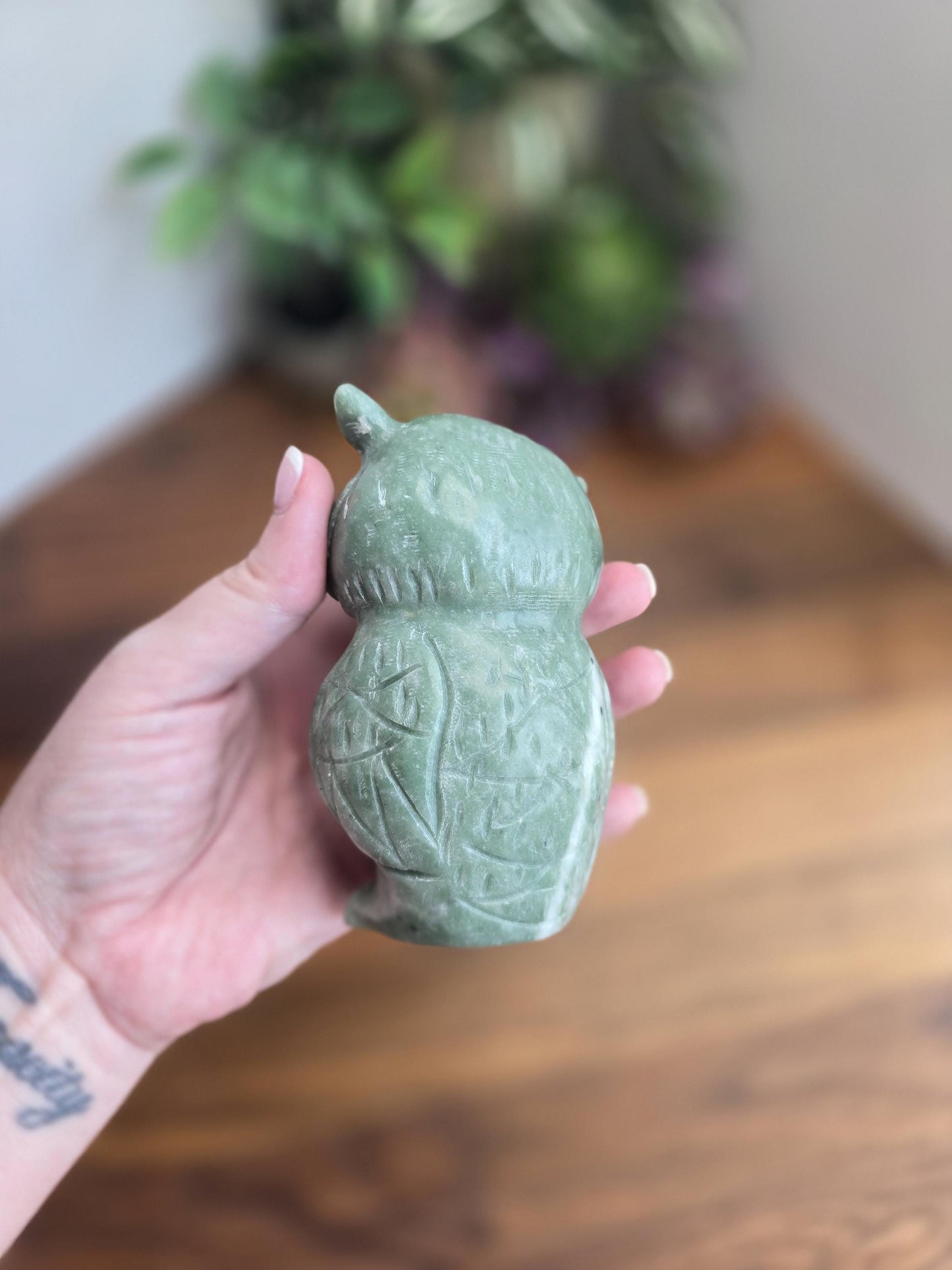 Green Jade Crystal Owl | Courtney | 4" | Large Carving in Sage Green & White Patterns | Wise Old Barn Owl | Green Kids Room Decor