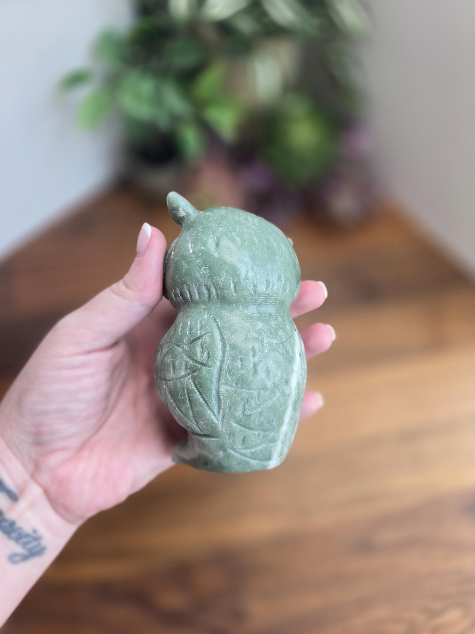 Green Jade Crystal Owl | Courtney | 4" | Large Carving in Sage Green & White Patterns | Wise Old Barn Owl | Green Kids Room Decor