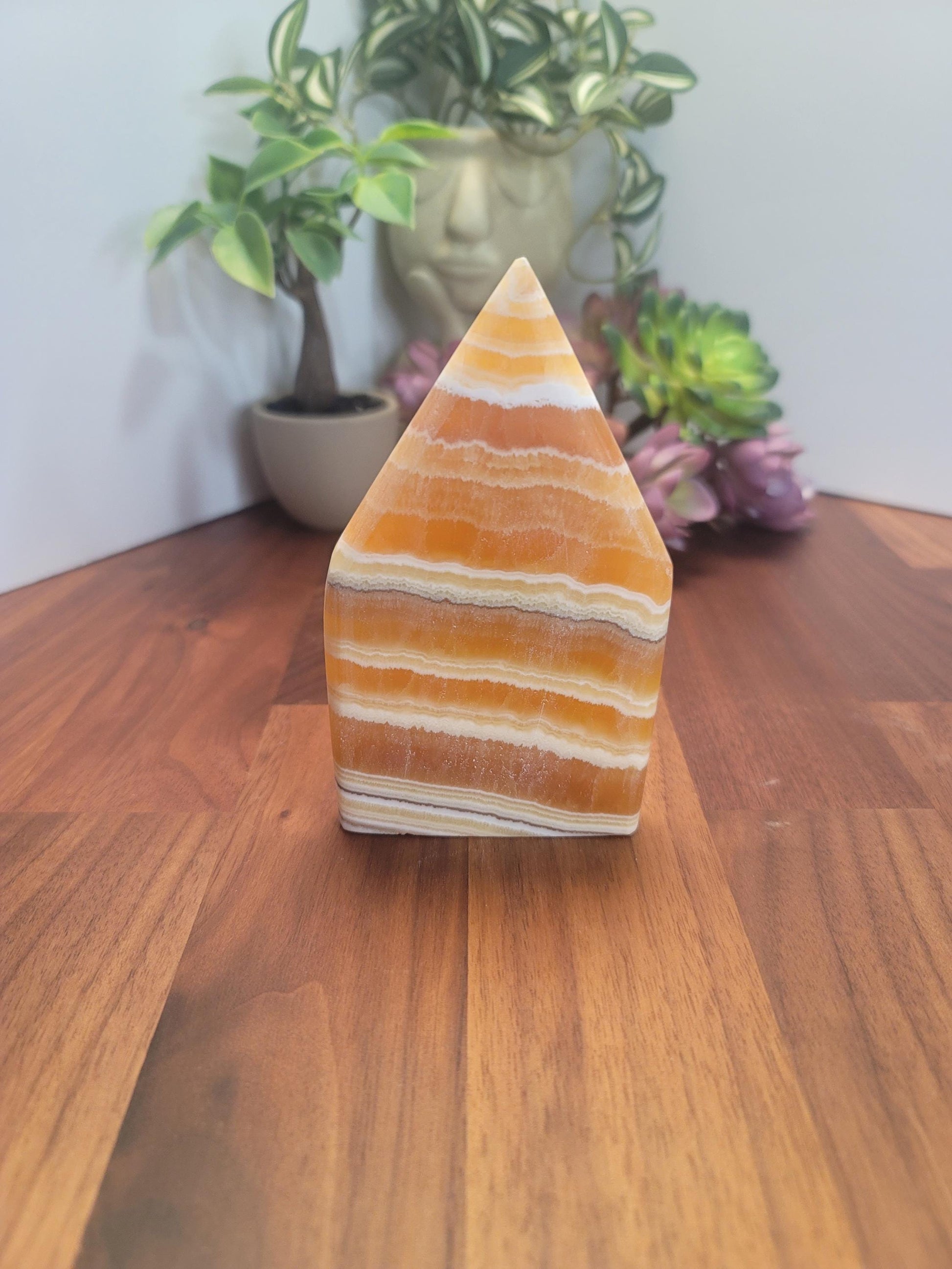 Candy Corn Crystal | Jupiter Rising | Orange Banded Calcite Flame | Yellow Freeform | 5" | White Banding & Lacey Patterns | Halloween Decor