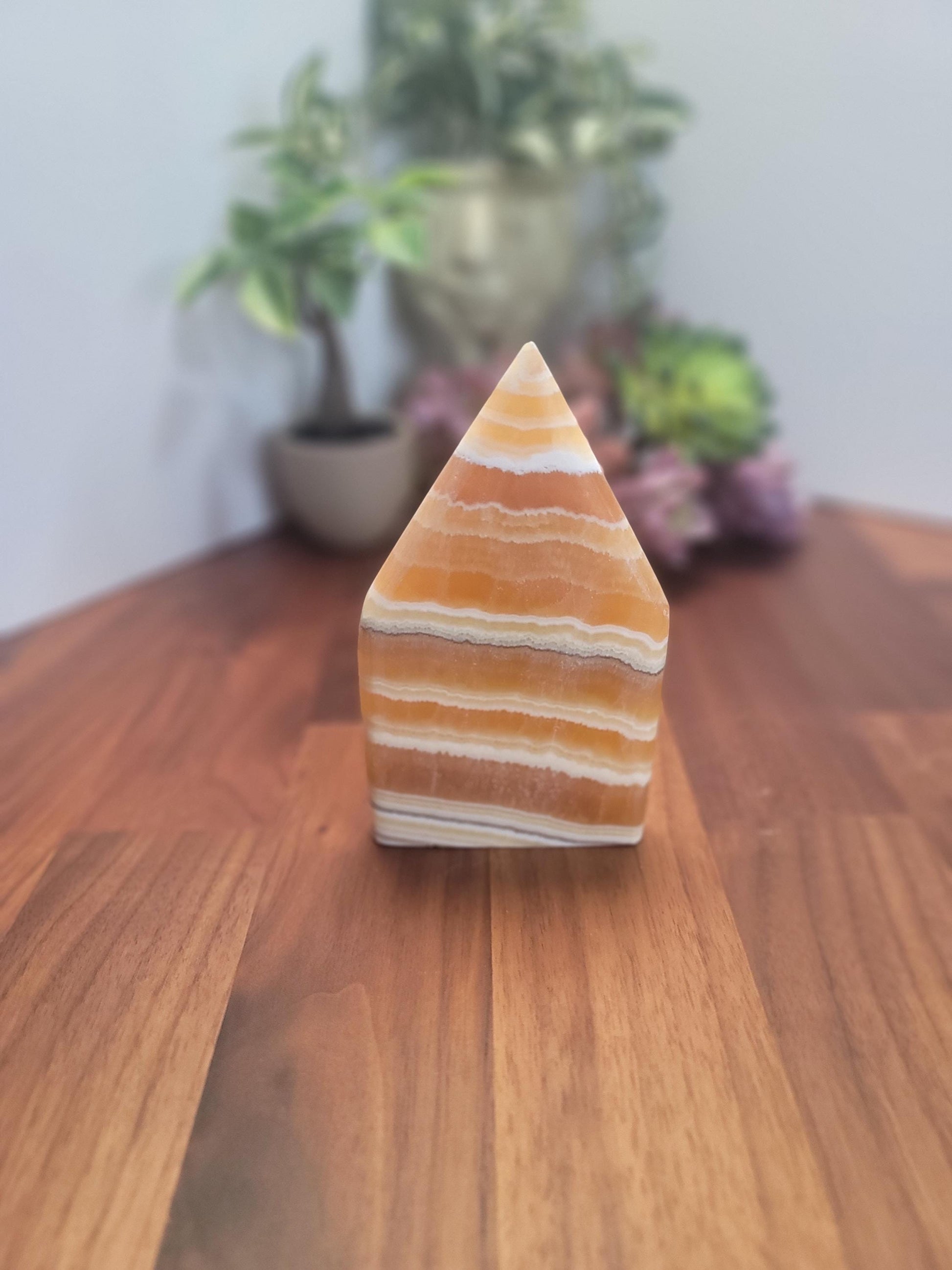 Candy Corn Crystal | Jupiter Rising | Orange Banded Calcite Flame | Yellow Freeform | 5" | White Banding & Lacey Patterns | Halloween Decor
