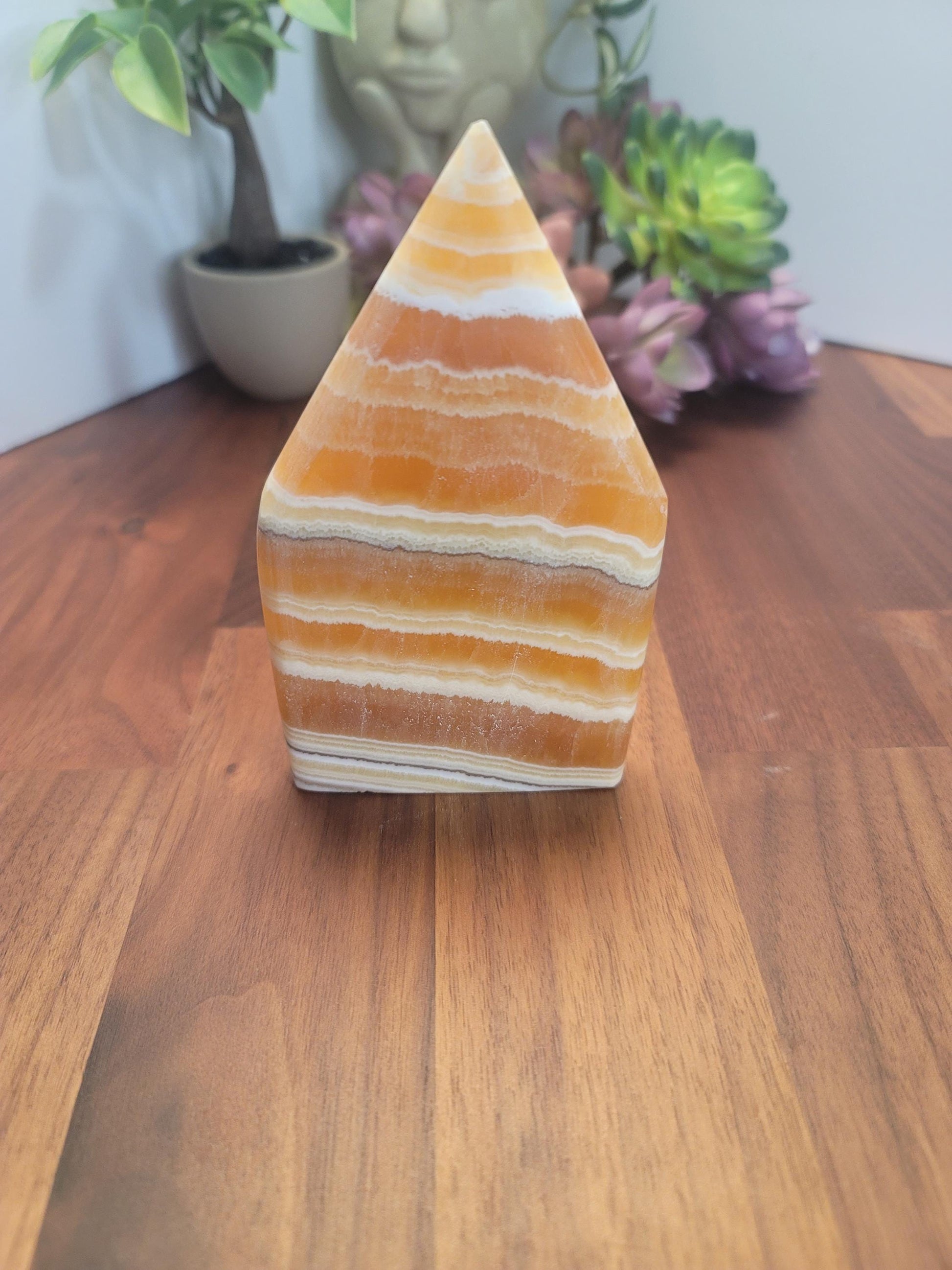 Candy Corn Crystal | Jupiter Rising | Orange Banded Calcite Flame | Yellow Freeform | 5" | White Banding & Lacey Patterns | Halloween Decor