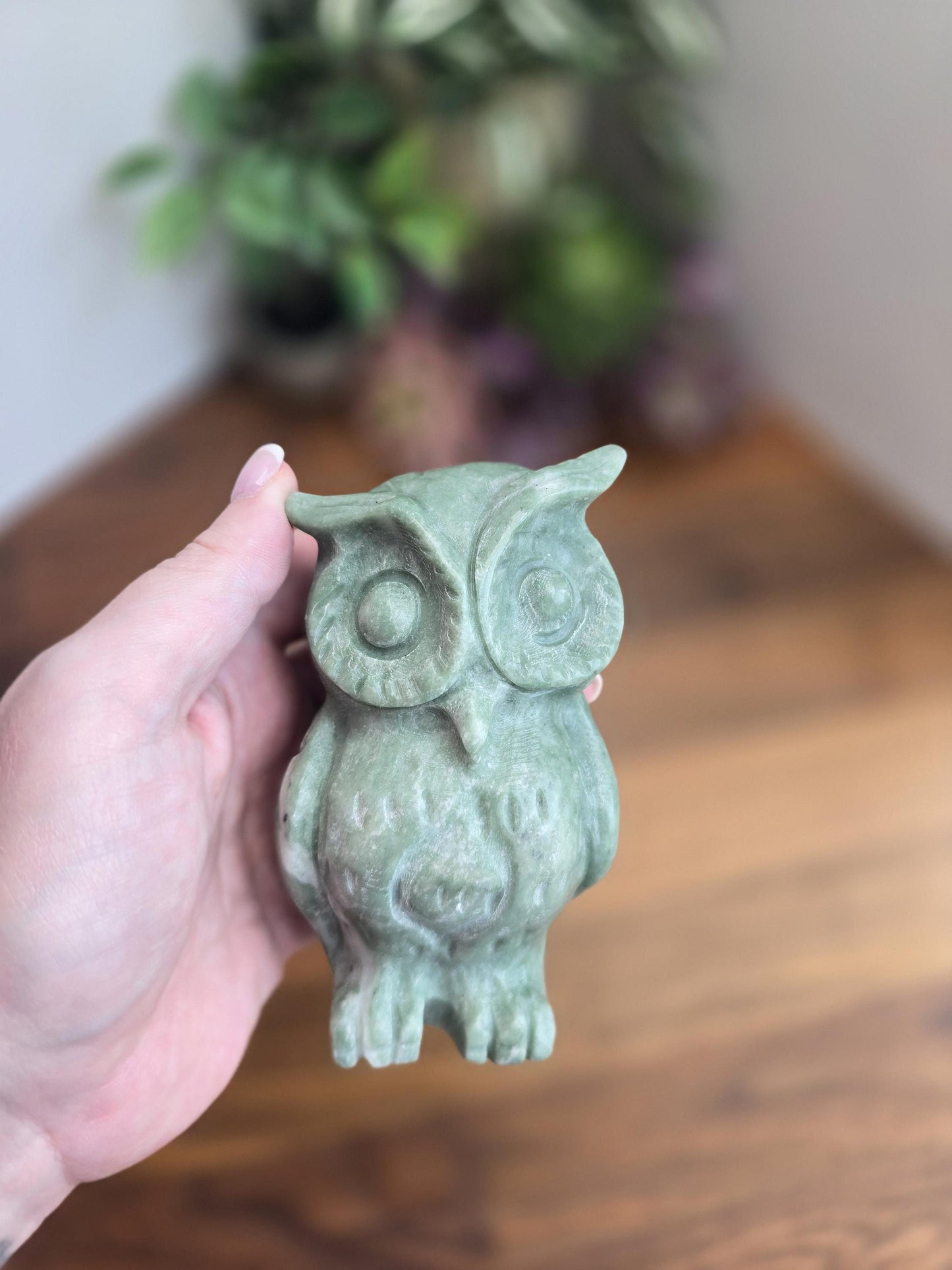 Green Jade Crystal Owl | Courtney | 4" | Large Carving in Sage Green & White Patterns | Wise Old Barn Owl | Green Kids Room Decor