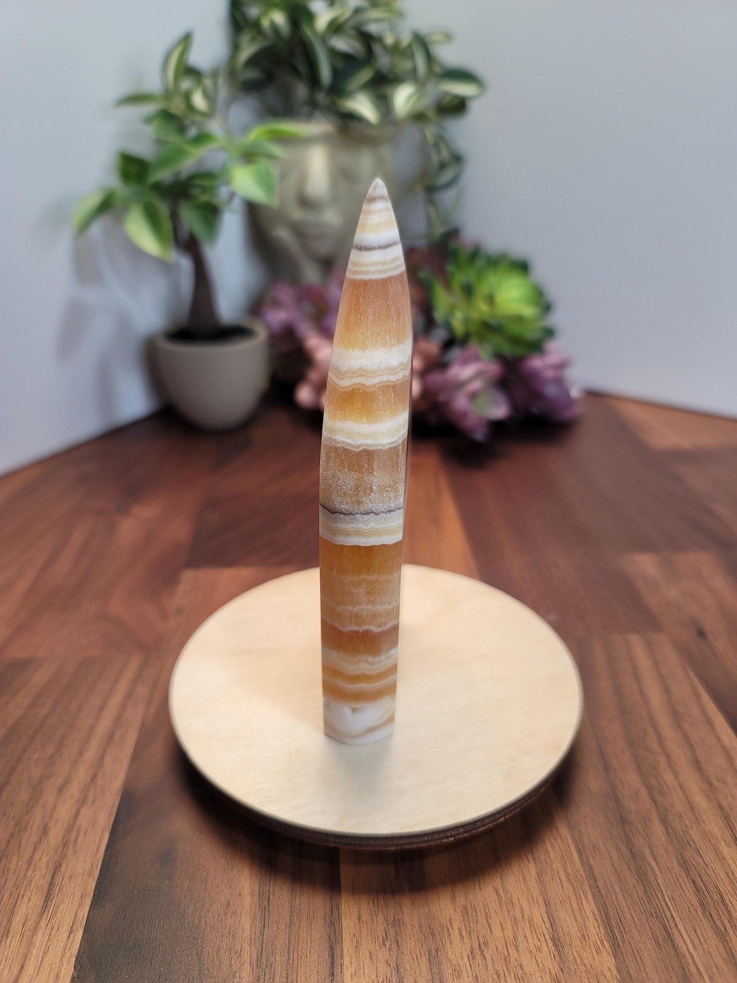 Candy Corn Crystal | Atlas of Olympus | Autumn & Fall Decor | Yellow Calcite Freeform | Orange Flame | 5" | White Banded Crystal Tower