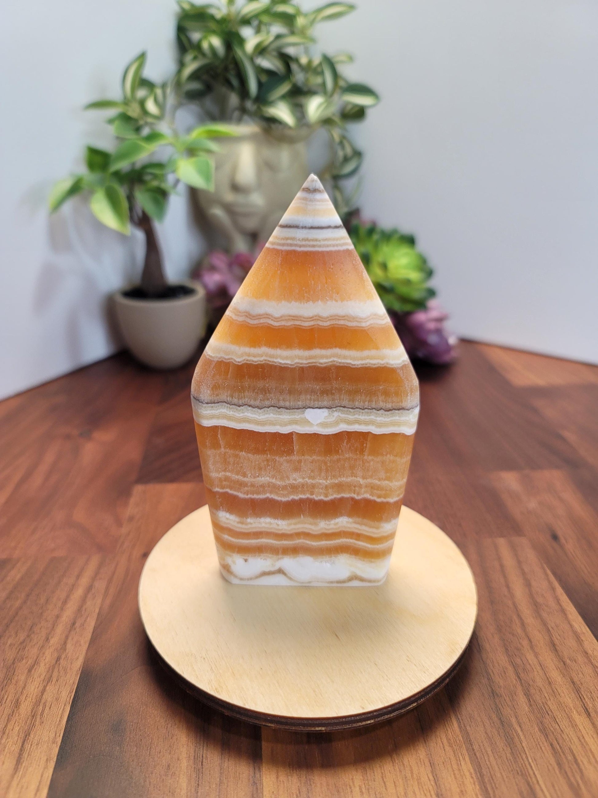 Candy Corn Crystal | Atlas of Olympus | Autumn & Fall Decor | Yellow Calcite Freeform | Orange Flame | 5" | White Banded Crystal Tower