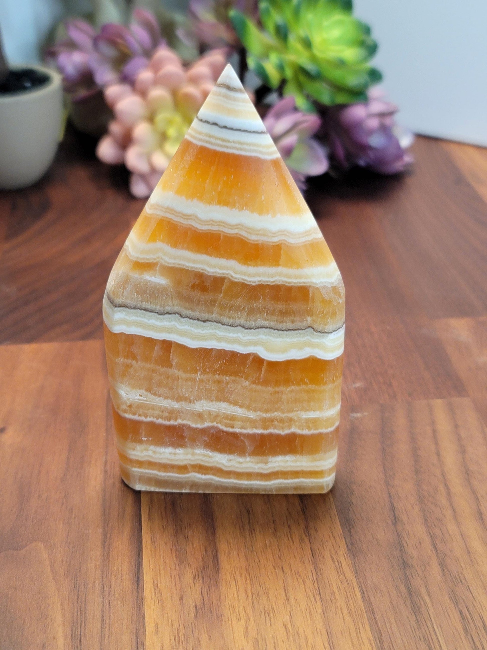 Candy Corn Crystal | Orion Constellation | Orange Calcite Free Form | Yellow Flame | 5" | Fall & Autumn Decor | Intricate White Banding