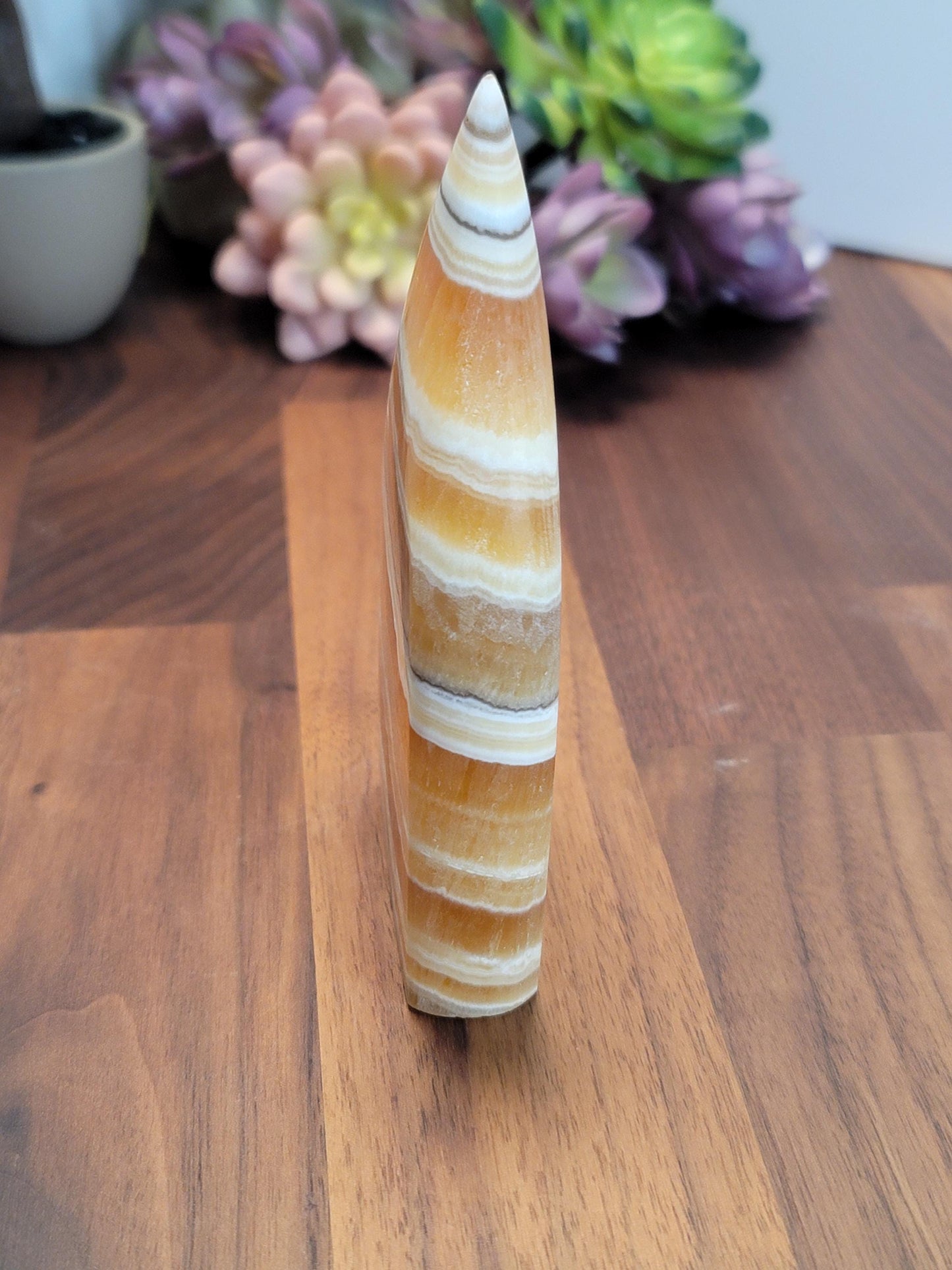 Candy Corn Crystal | Orion Constellation | Orange Calcite Free Form | Yellow Flame | 5" | Fall & Autumn Decor | Intricate White Banding