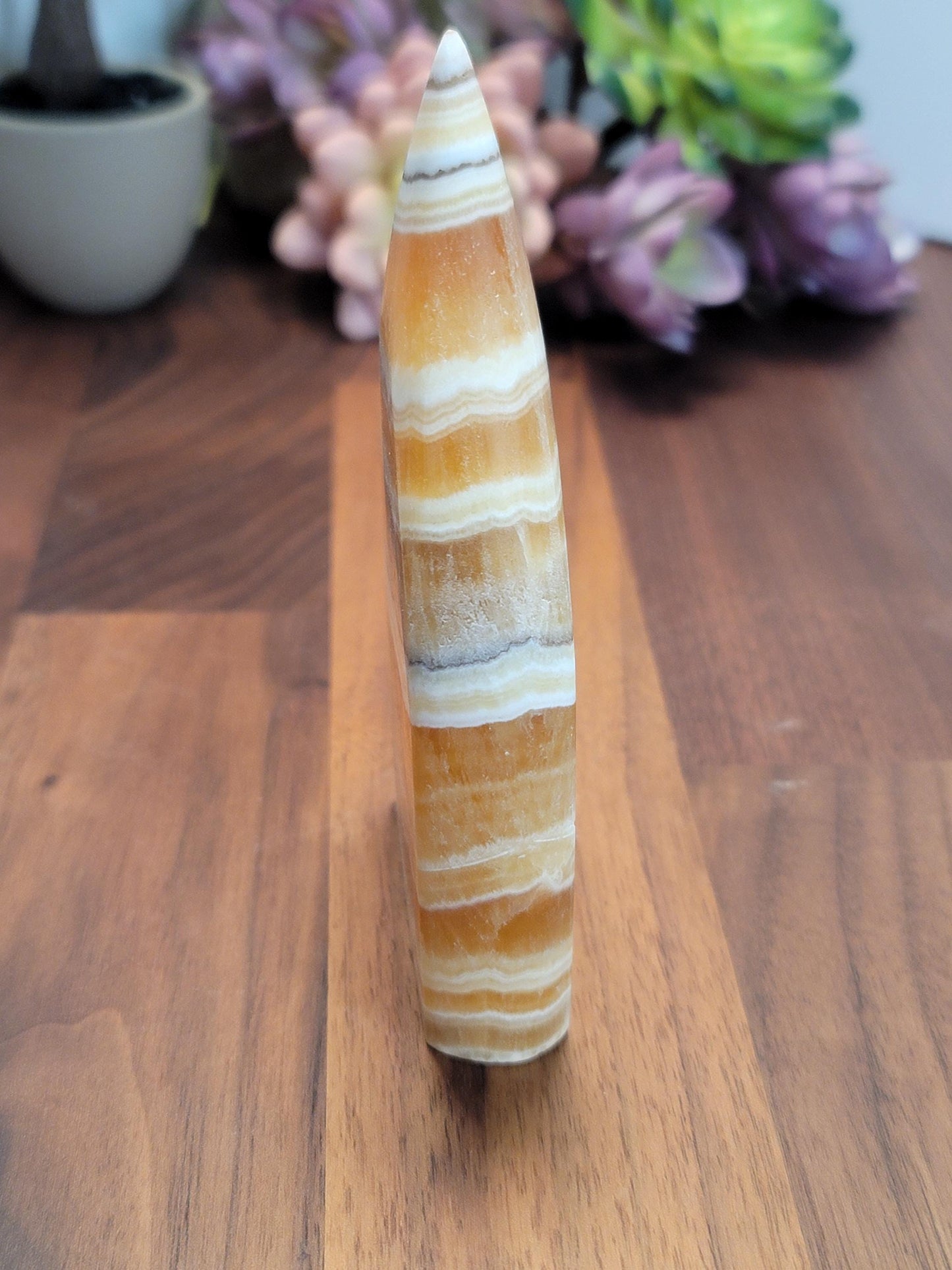 Candy Corn Crystal | Orion Constellation | Orange Calcite Free Form | Yellow Flame | 5" | Fall & Autumn Decor | Intricate White Banding