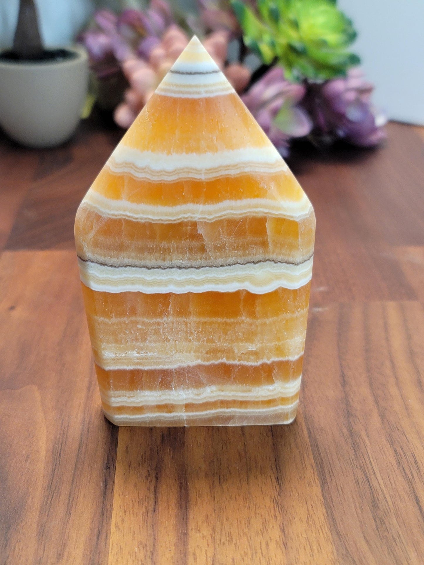 Candy Corn Crystal | Nova Evolution | Orange Calcite Freeform | White Flame | 4.25' | Yellow Banded Tower | Unique Autumn Find | Fall Decor
