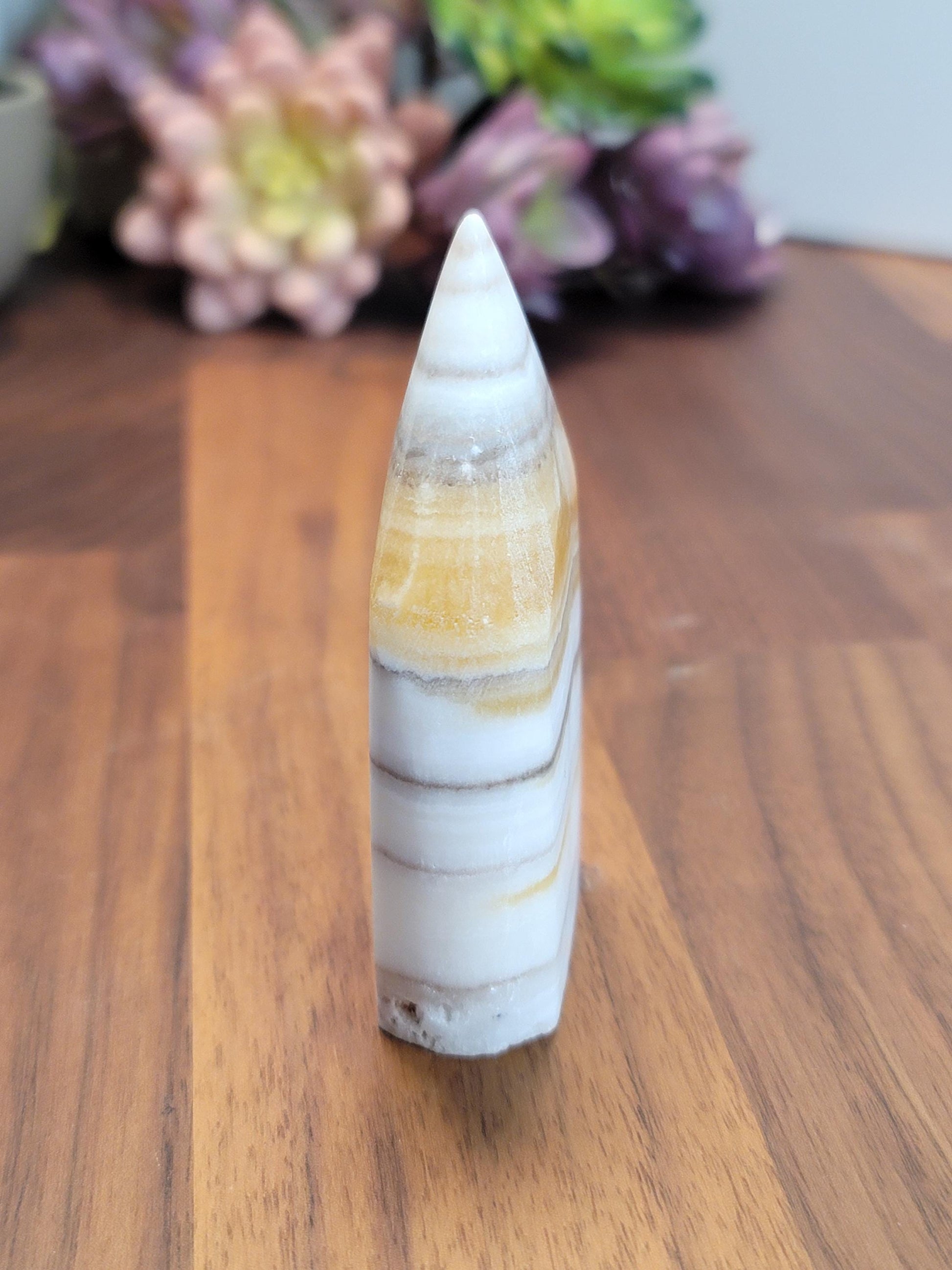 Candy Corn Crystal | Little Luna | Yellow Banded Calcite Freeform | White Banded Flame | 3.25" | Orange Crystal Point | Fall & Winter Decor
