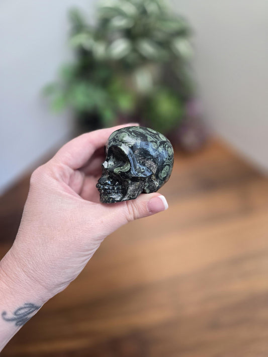 Kambaba Jasper Crystal Skull | Beatrice | Spooky Season Carving | Summerween Decor | 2&quot; | Green Black Orbicular Pattern | One of a Kind