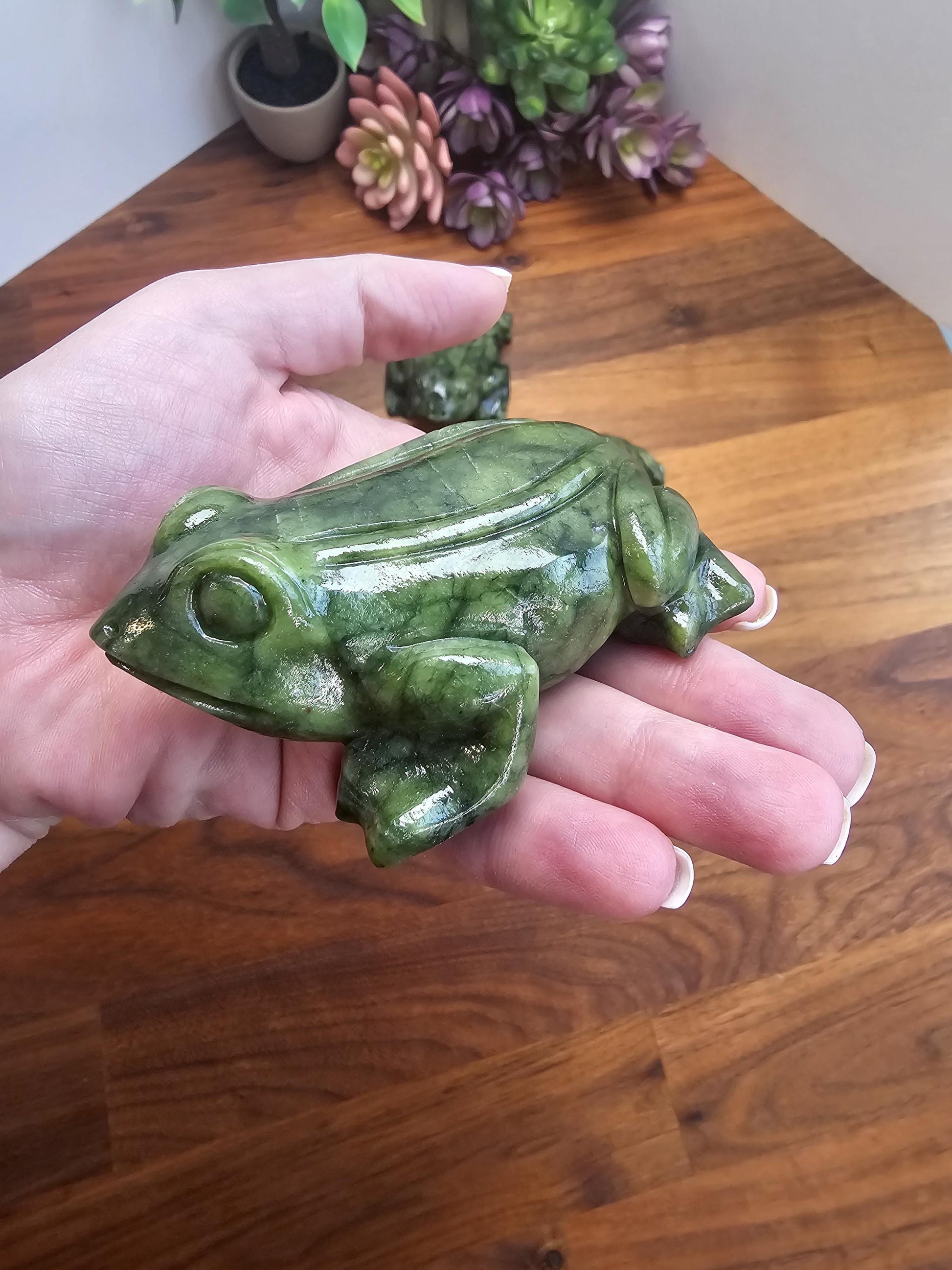 Green Jade Crystal Frog | Rainforest Amphibian Carving | 3 Inches | Deep Hunter and Sage Patterns | Toad Cottagecore | Intuitively Chosen