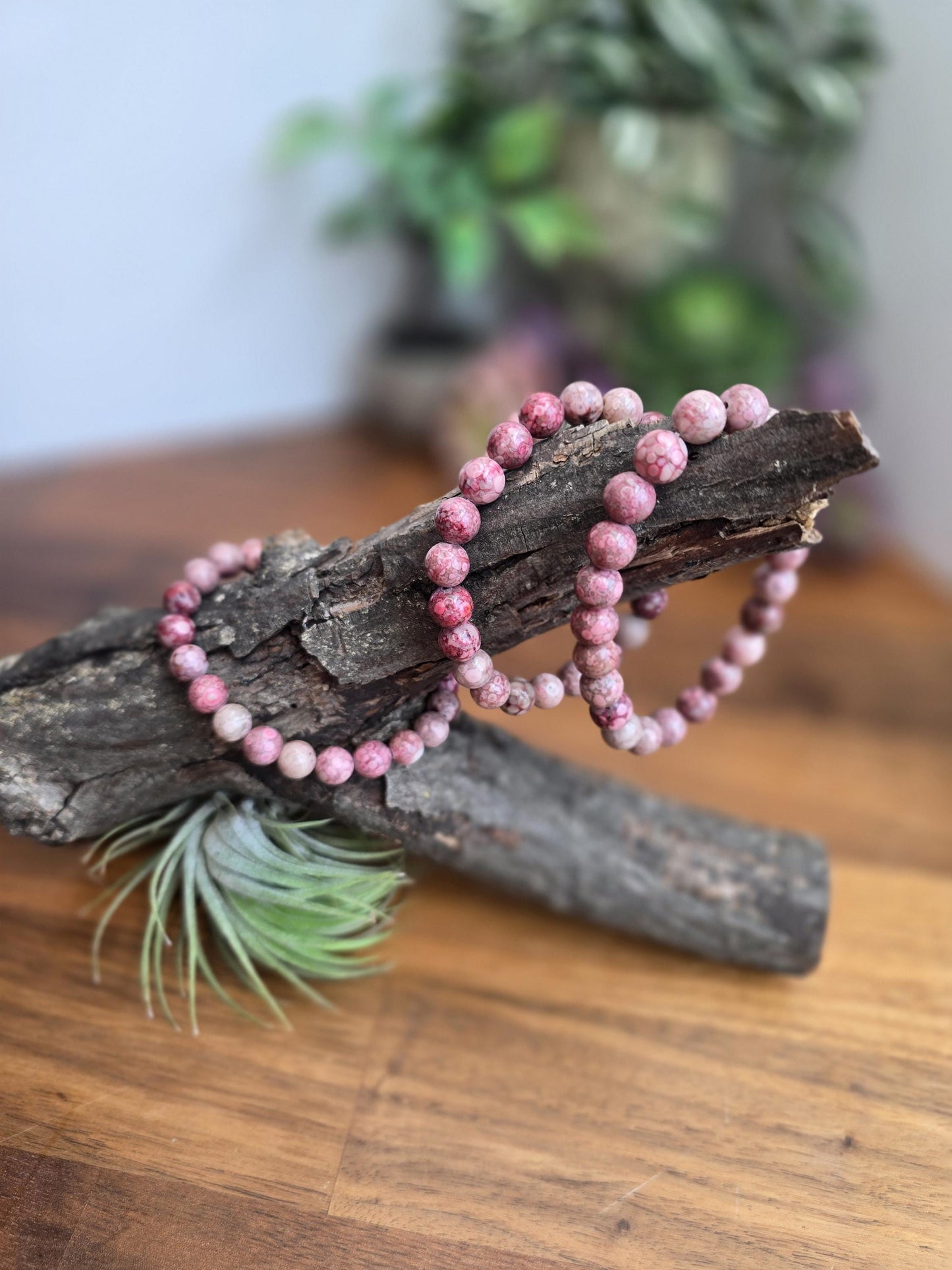 Pink Fossil Stone | 8MM Crystal Bracelet | Unique Rose, Magenta and Baby Pink Chrysanthemum Beads | Pretty Spring Flower Jewelry like Coral