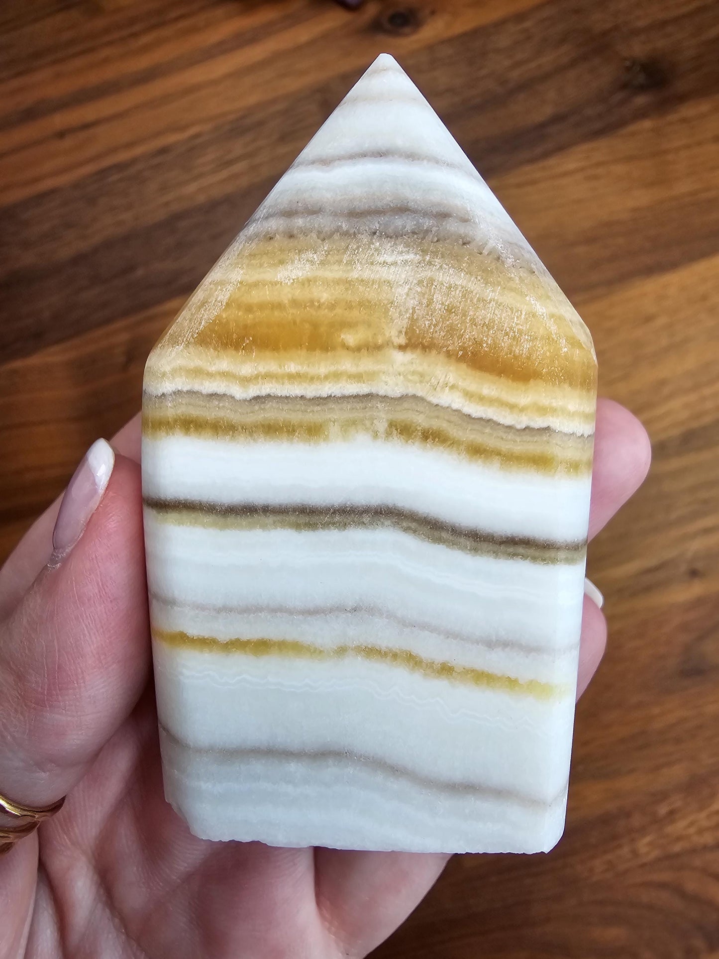 Candy Corn Crystal | Little Luna | Yellow Banded Calcite Freeform | White Banded Flame | 3.25" | Orange Crystal Point | Fall & Winter Decor