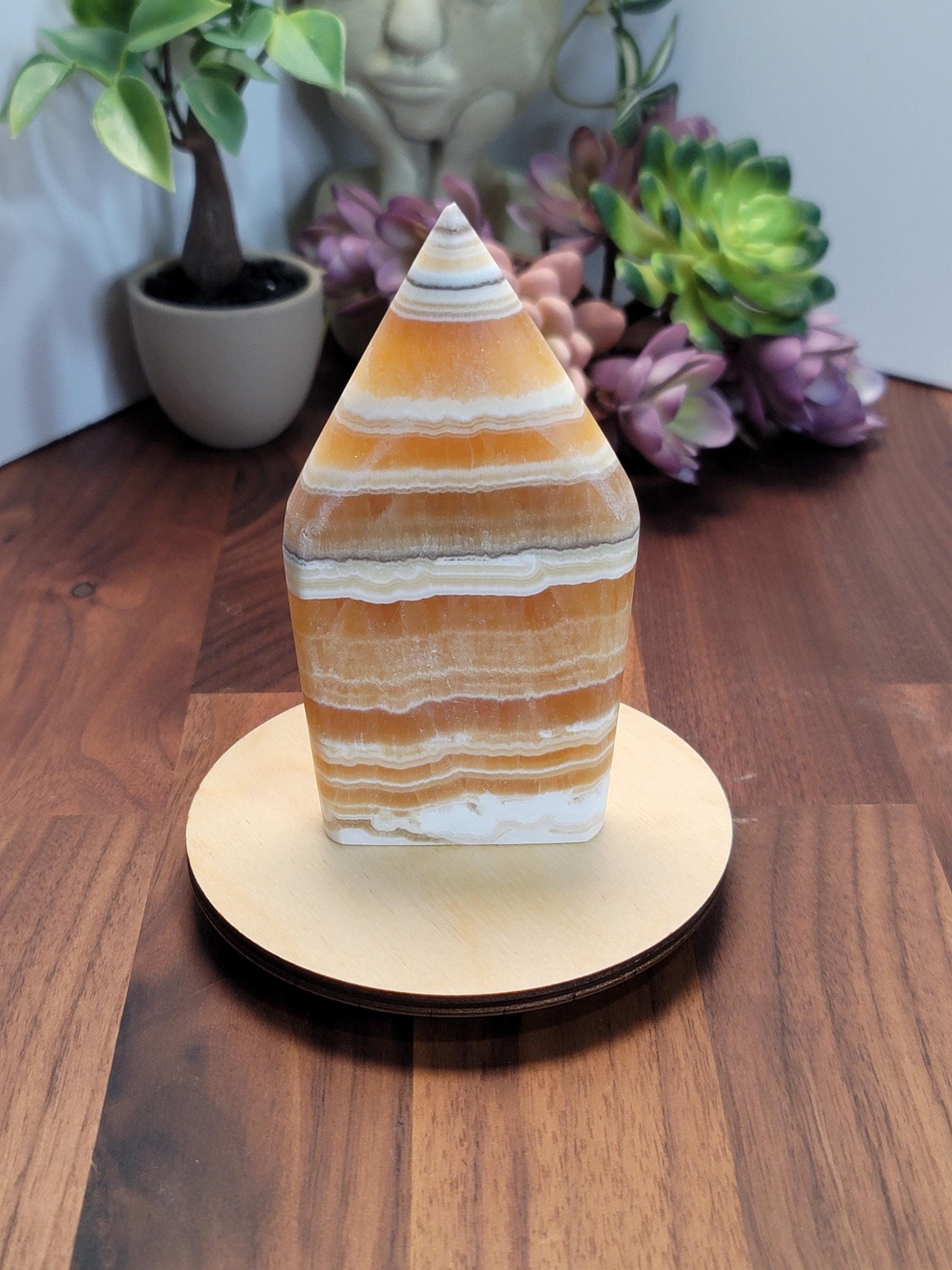 Candy Corn Crystal | Atlas of Olympus | Autumn & Fall Decor | Yellow Calcite Freeform | Orange Flame | 5" | White Banded Crystal Tower