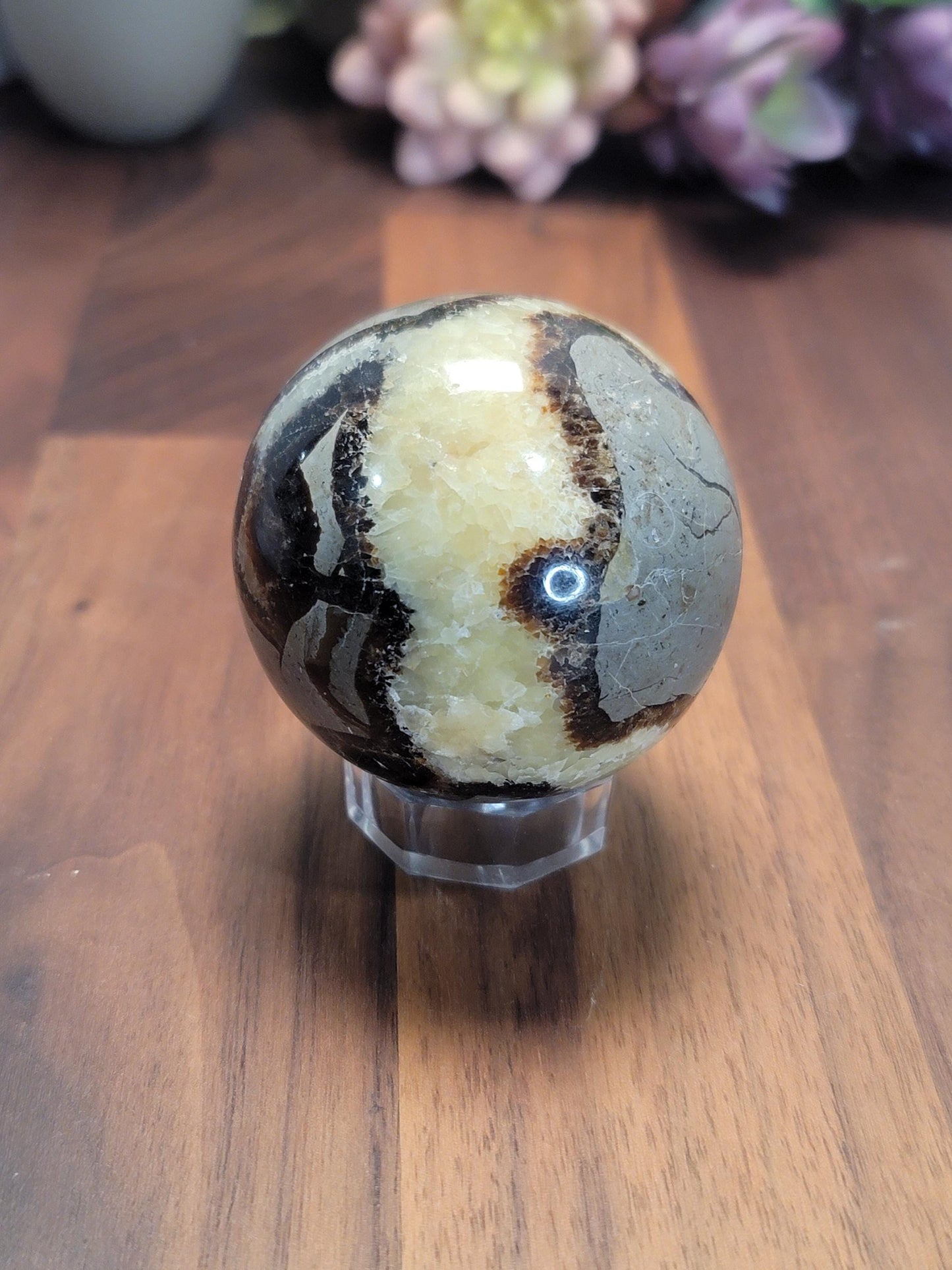 Dragon Egg Septarian Crystal Sphere | A | 2.25 Inches 57 MM | Gray, Black, Yellow and White | UV Reactive | One of a Kind