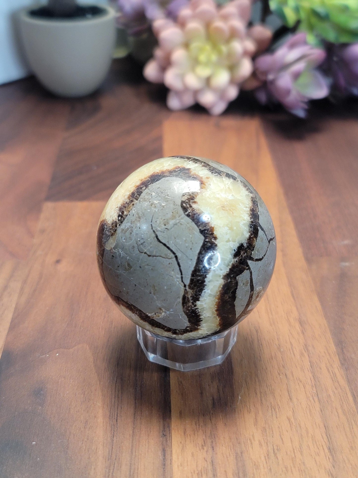 Dragon Egg Septarian Crystal Sphere | A | 2.25 Inches 57 MM | Gray, Black, Yellow and White | UV Reactive | One of a Kind