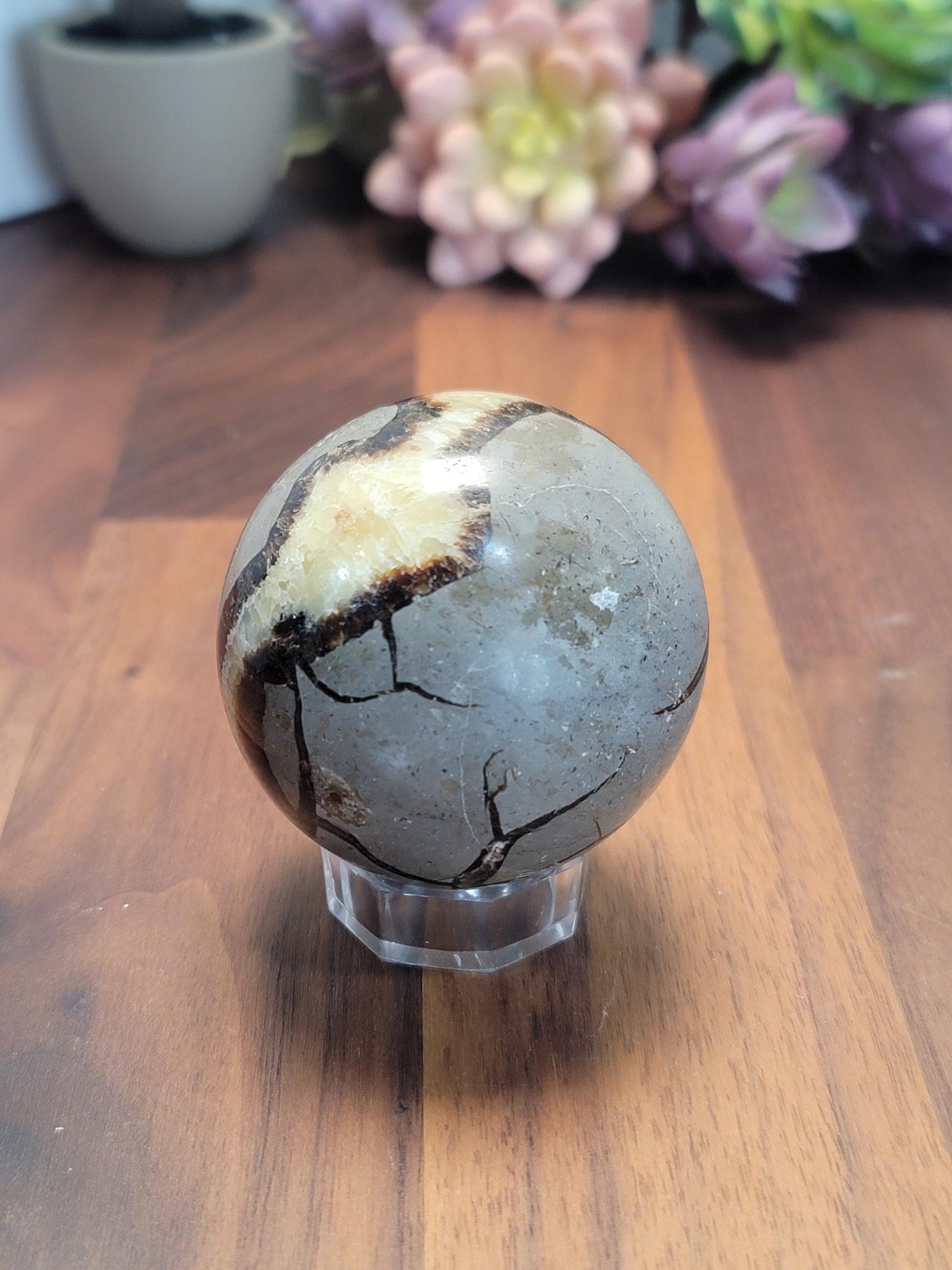 Dragon Egg Septarian Crystal Sphere | A | 2.25 Inches 57 MM | Gray, Black, Yellow and White | UV Reactive | One of a Kind