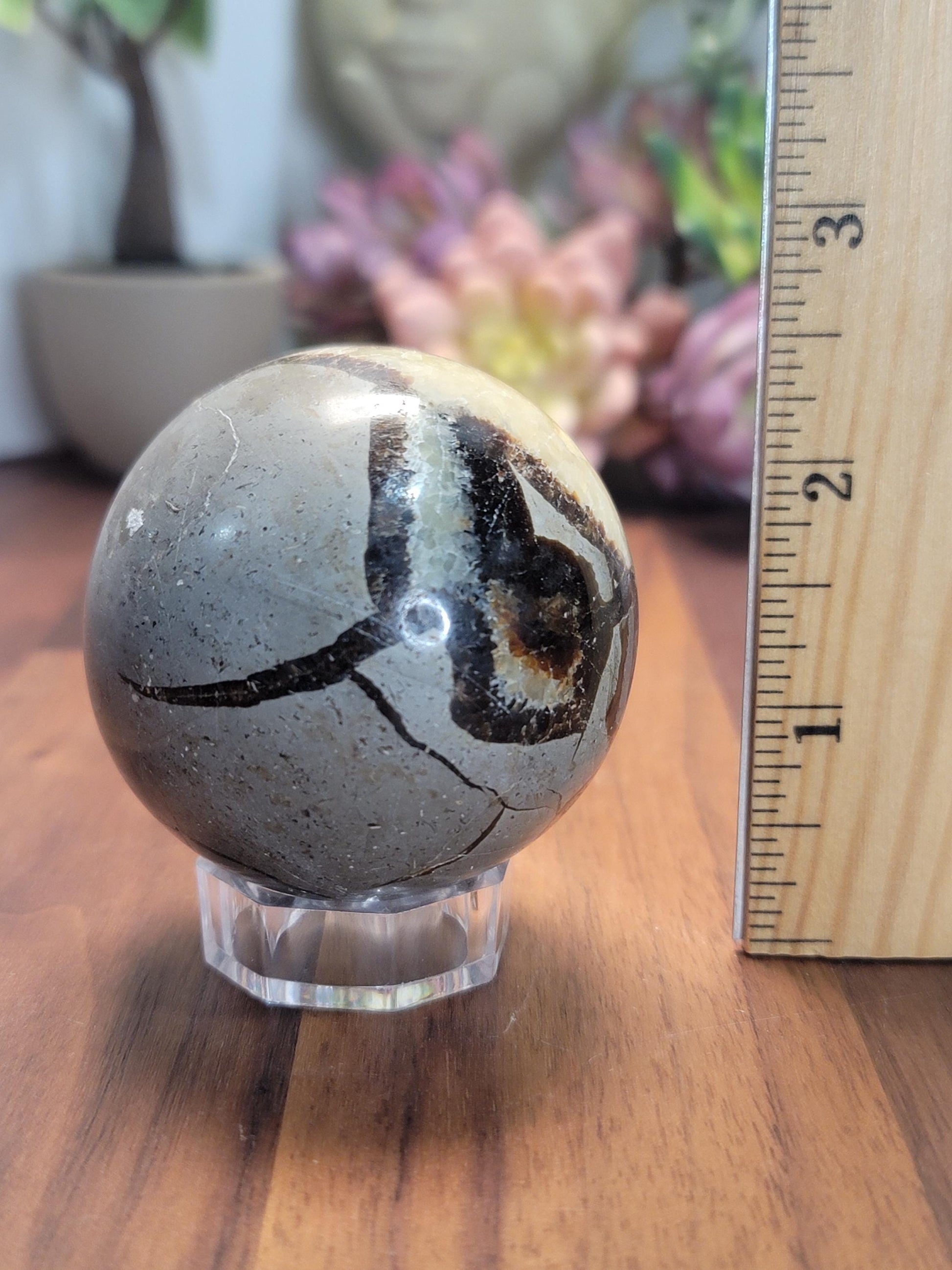 Dragon Egg Septarian Crystal Sphere | A | 2.25 Inches 57 MM | Gray, Black, Yellow and White | UV Reactive | One of a Kind